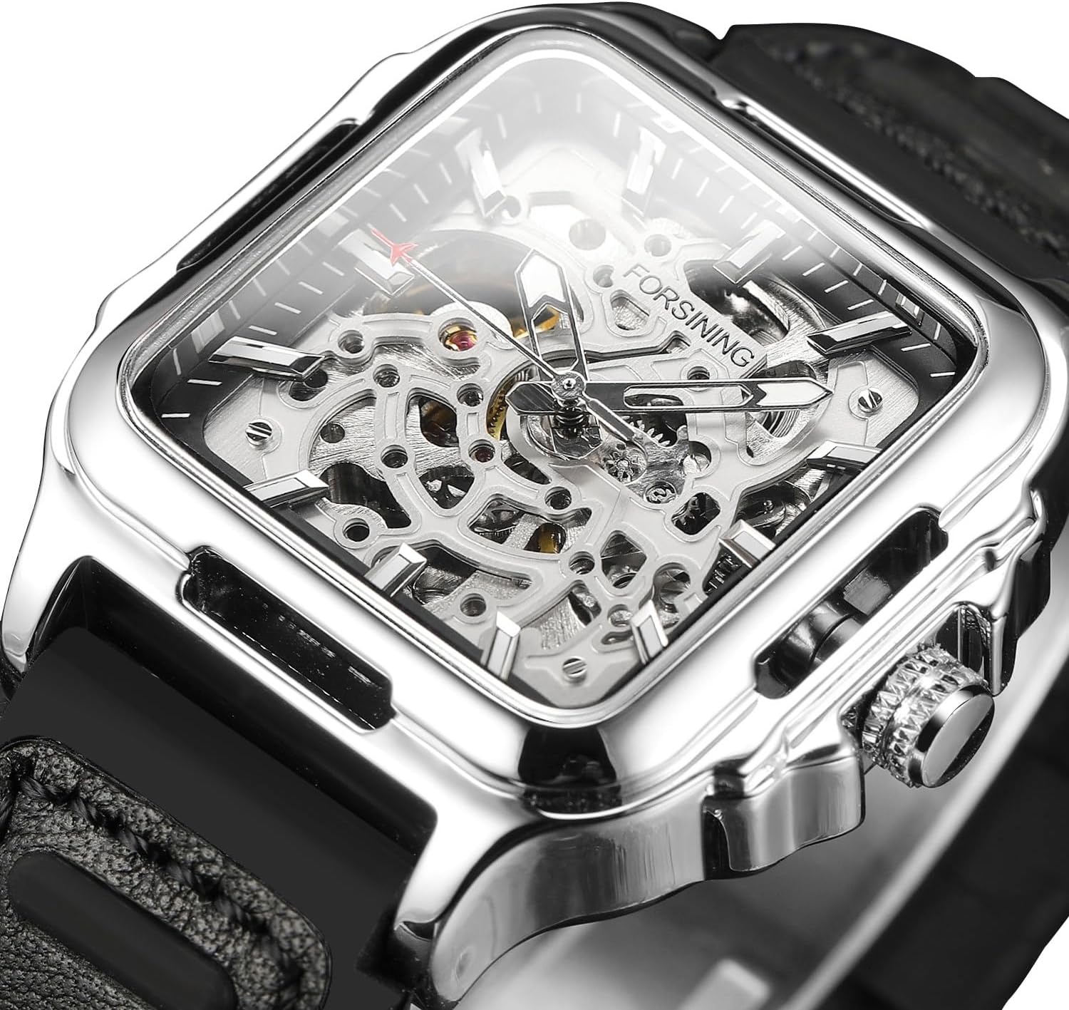 FORSINING Men's Waterproof Skeleton Stylish Watch Automatic Steampunk Self Winding Silicone Strap Luminous Square Wrist Watch