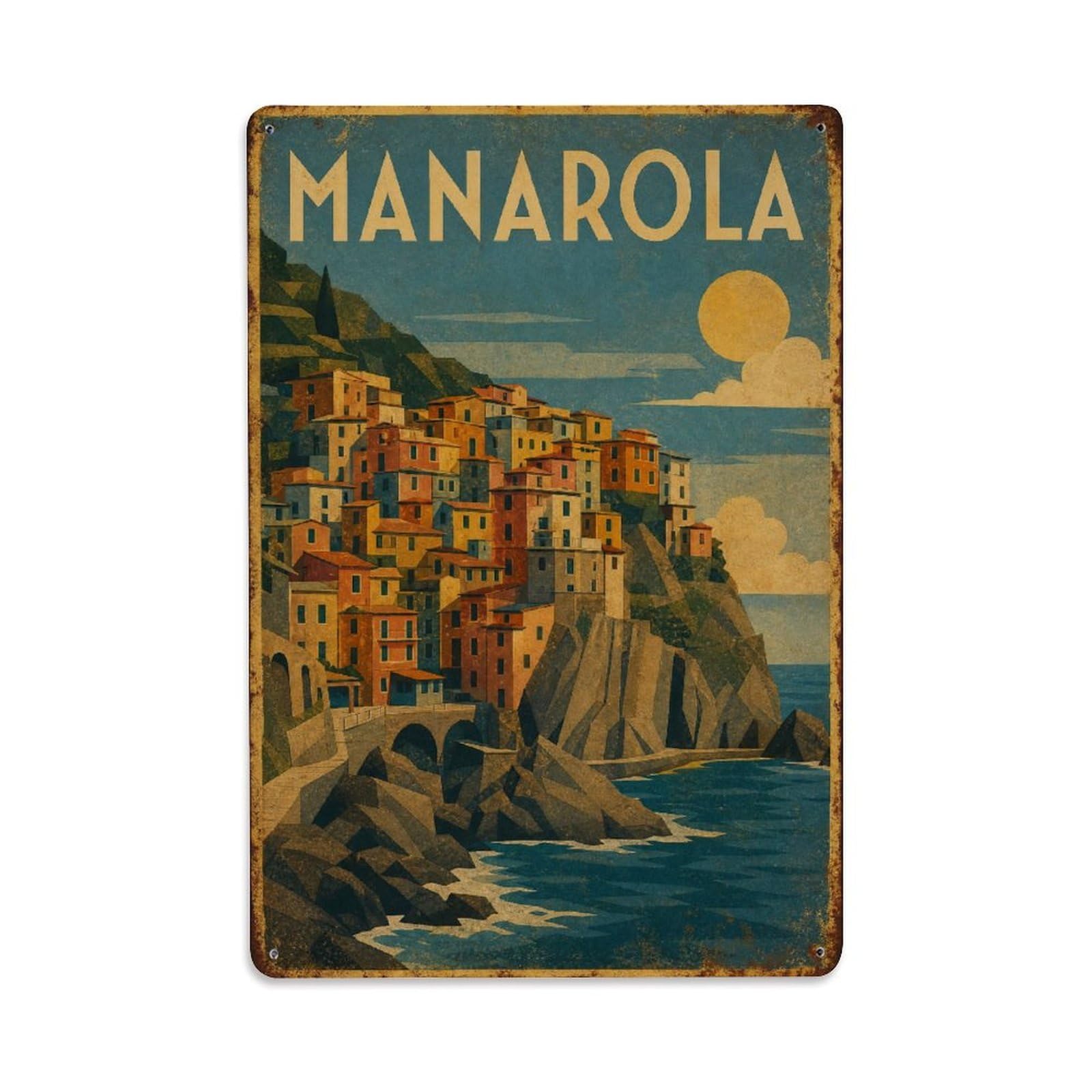 Huiyhb 8X12inch(20X30cm) Vintage Travel Manarola Colorful Houses Cliffside Italy Metal Tin Sign