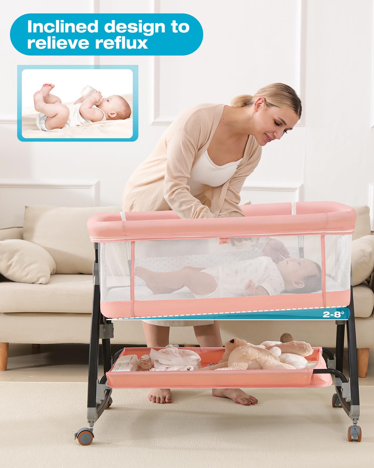 Bedside Bassinet for Baby, 3 in 1 Breathable Mesh Baby Bassinet, 6 Height Adjustable, Easy to Assemble, Bassinet Bedside Sleeper with Wheels, Mosquito Net, Storage Basket, Bassinets for Newborn Baby | Multi-functional — view 3