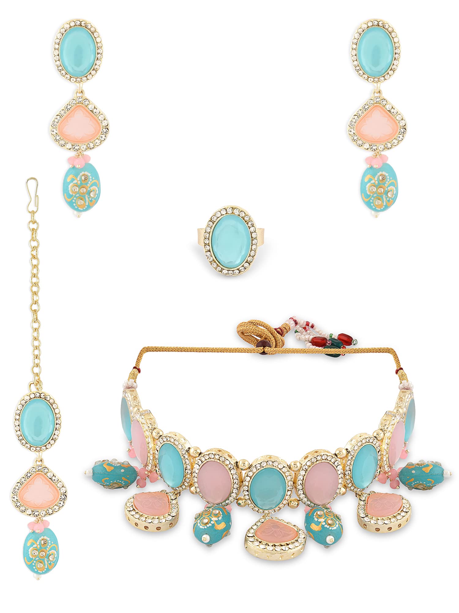 ZAVERI PEARLS Turquoise Blue Pink Ethnic Choker Necklace Earring Maangtikka Ring Set For Women-ZPFK15977 (B0C4H435JG) Amazon Price History, Amazon Price Tracker