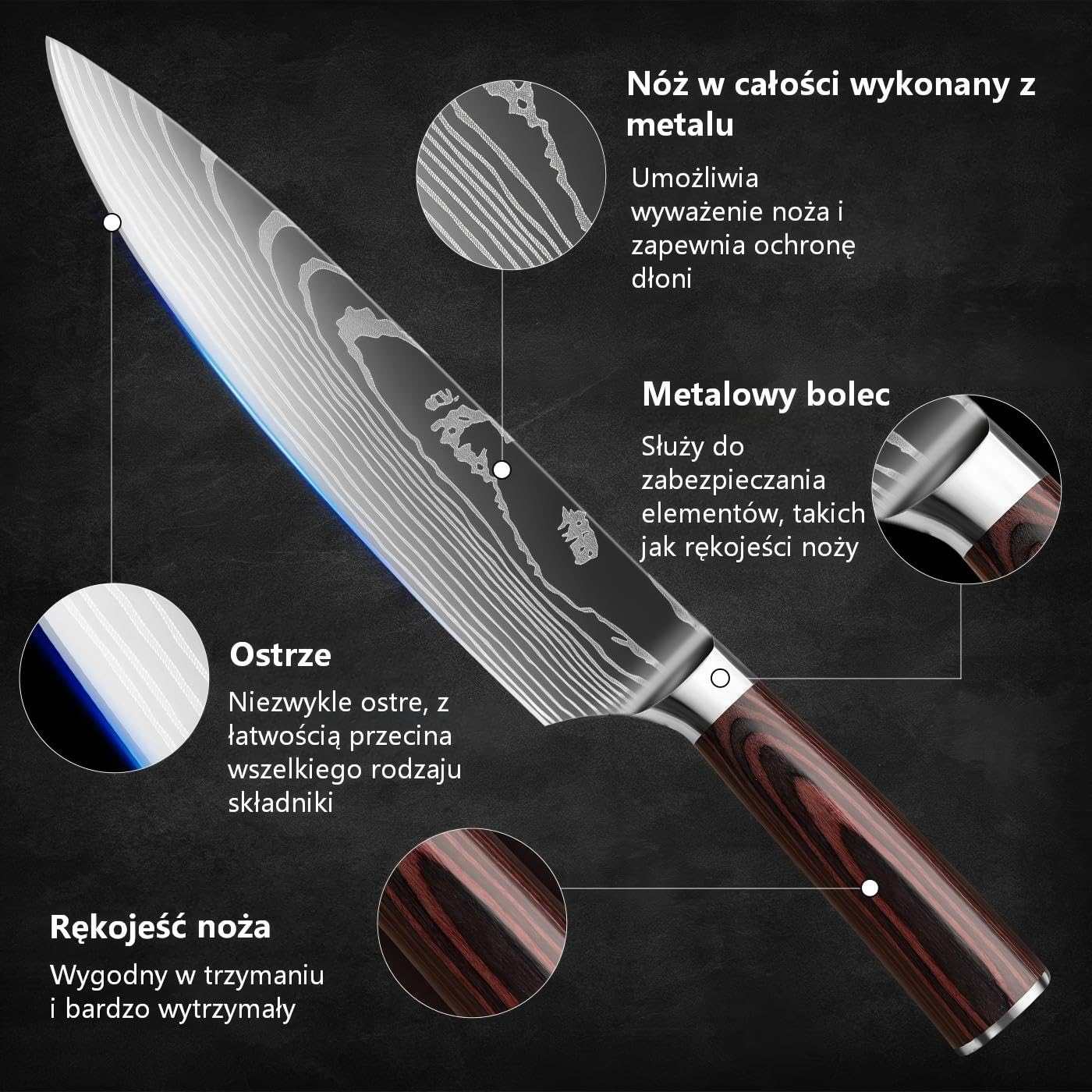 Zestaw 5 noży kuchennych wykonany z wysokiej jakości stali nierdzewnej, z ostrymi ostrzami, nóż szefa kuchni, nóż uniwersalny i ergonomiczny uchwyt