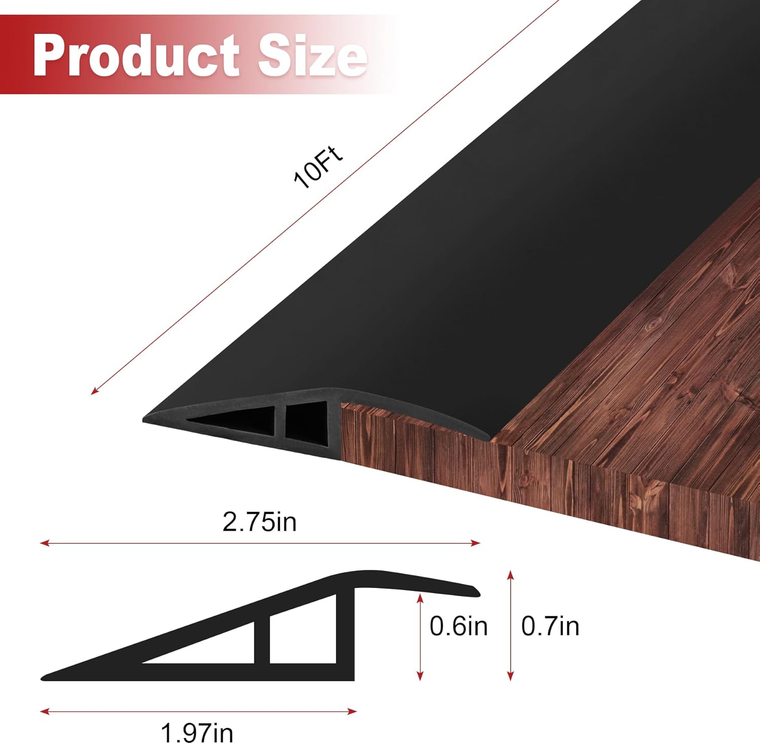 10Ft Carpet Floor Transition Strip, Self Adhesive Floor Edging Trim Strip, PVC Threshold Cover for Doorway, Floor Divider Strip Suitable for Threshold Transitions with a Height Less Than 15 mm - Black