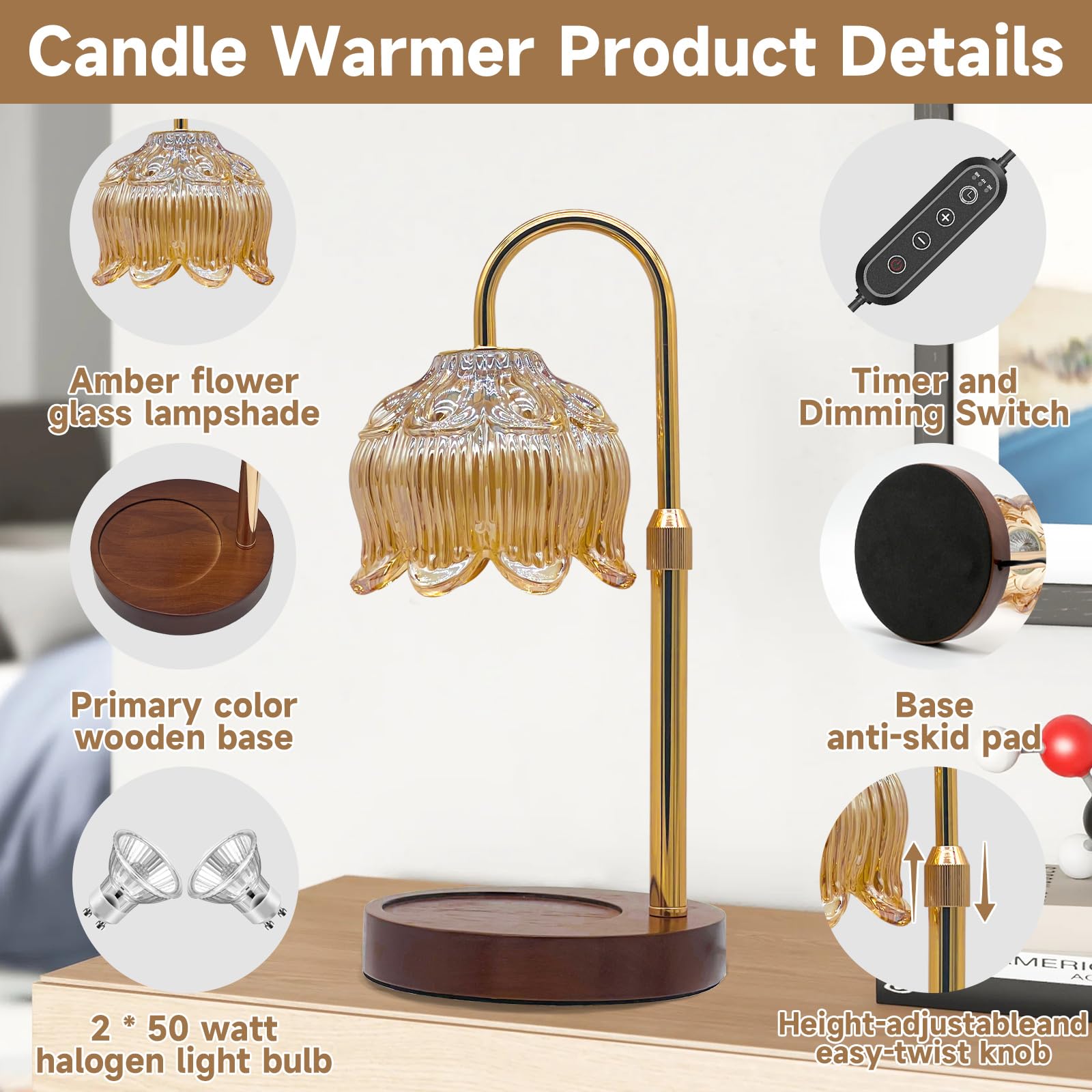 Lámpara de Vela Flor Regulable con Temporizador - Calentadora de Cera sin Llama de Altura Ajustable para Decoración