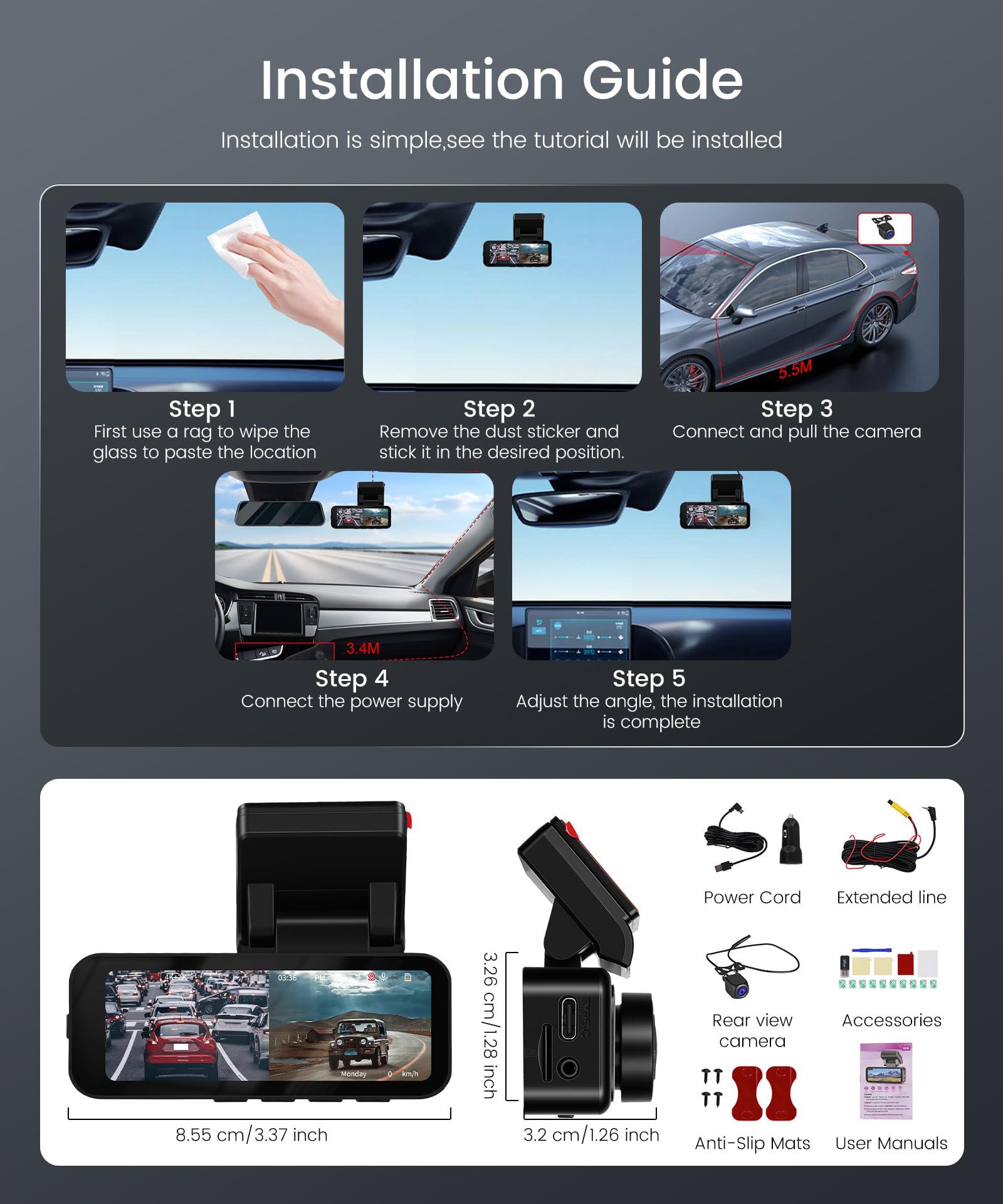 Rimoody 4K 2 Canal WiFi Dashcam para Coche 4K+2K Delantera y Trasera, 3.16" IPS Pantalla Dash CAM con GPS WiFi & Control de App, ADAS & BSD & LCA, IR Nachtsicht, G-Sensor, Vídeo en Bucle, 24H Monitor