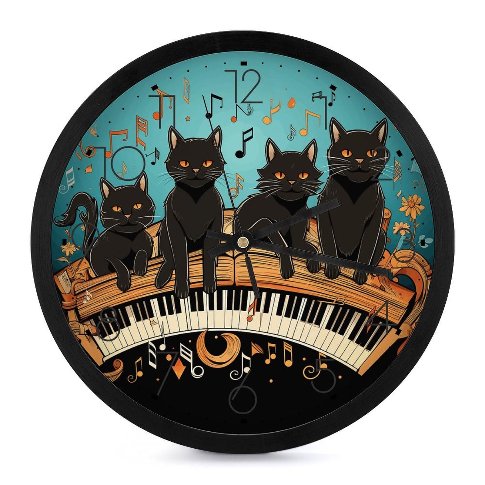 Horloge murale cuisine silencieuse avec chat noir et piano décorative