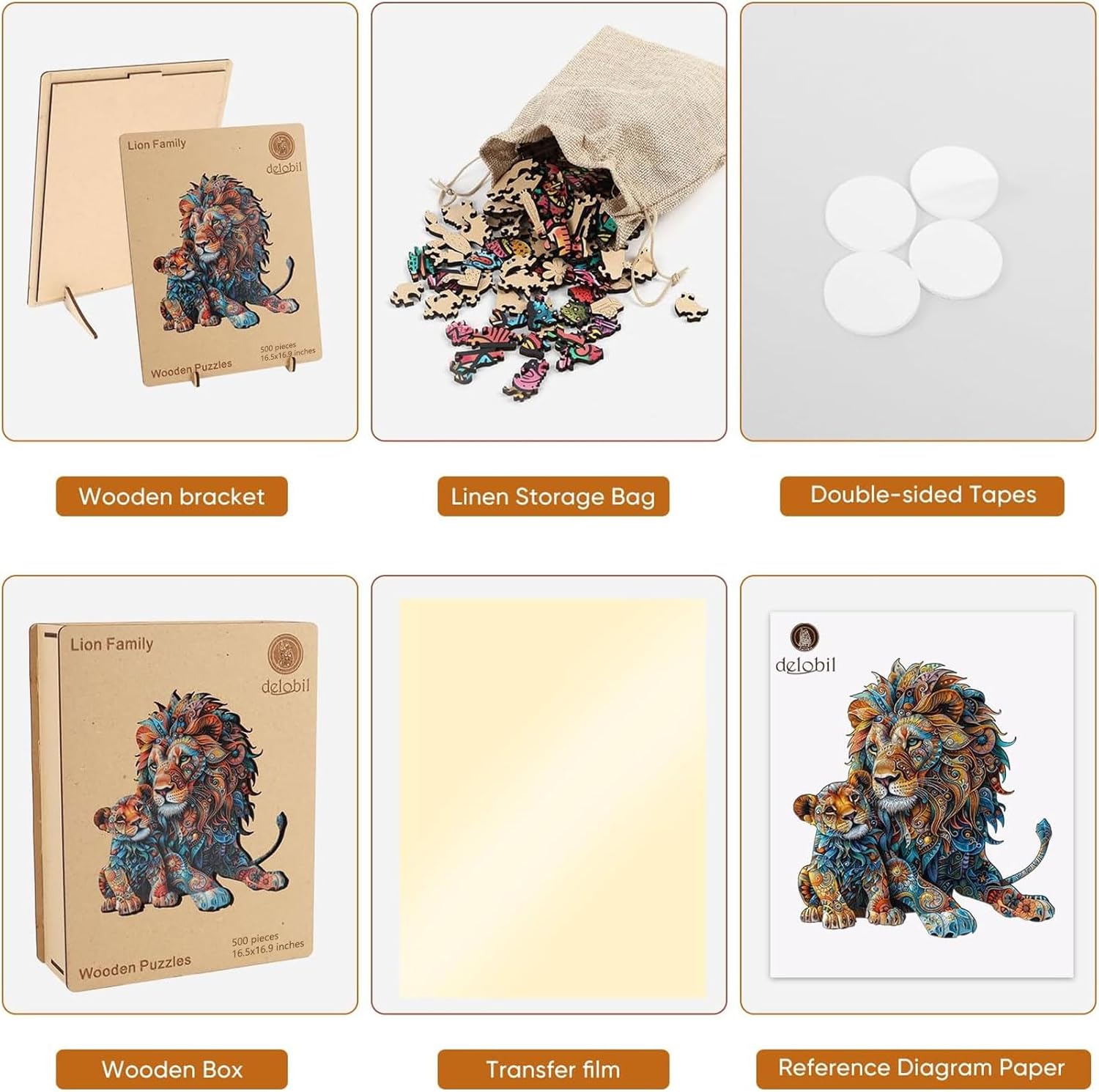 Delobil Wooden Puzzles for Adults, Lion Family Jigsaw Puzzles 500 Piece, Unique Shape Puzzles for Adults and Kids, Fun Challenging Puzzles Family Game Gift, Royal Size 16.5 x 16.9 Inches