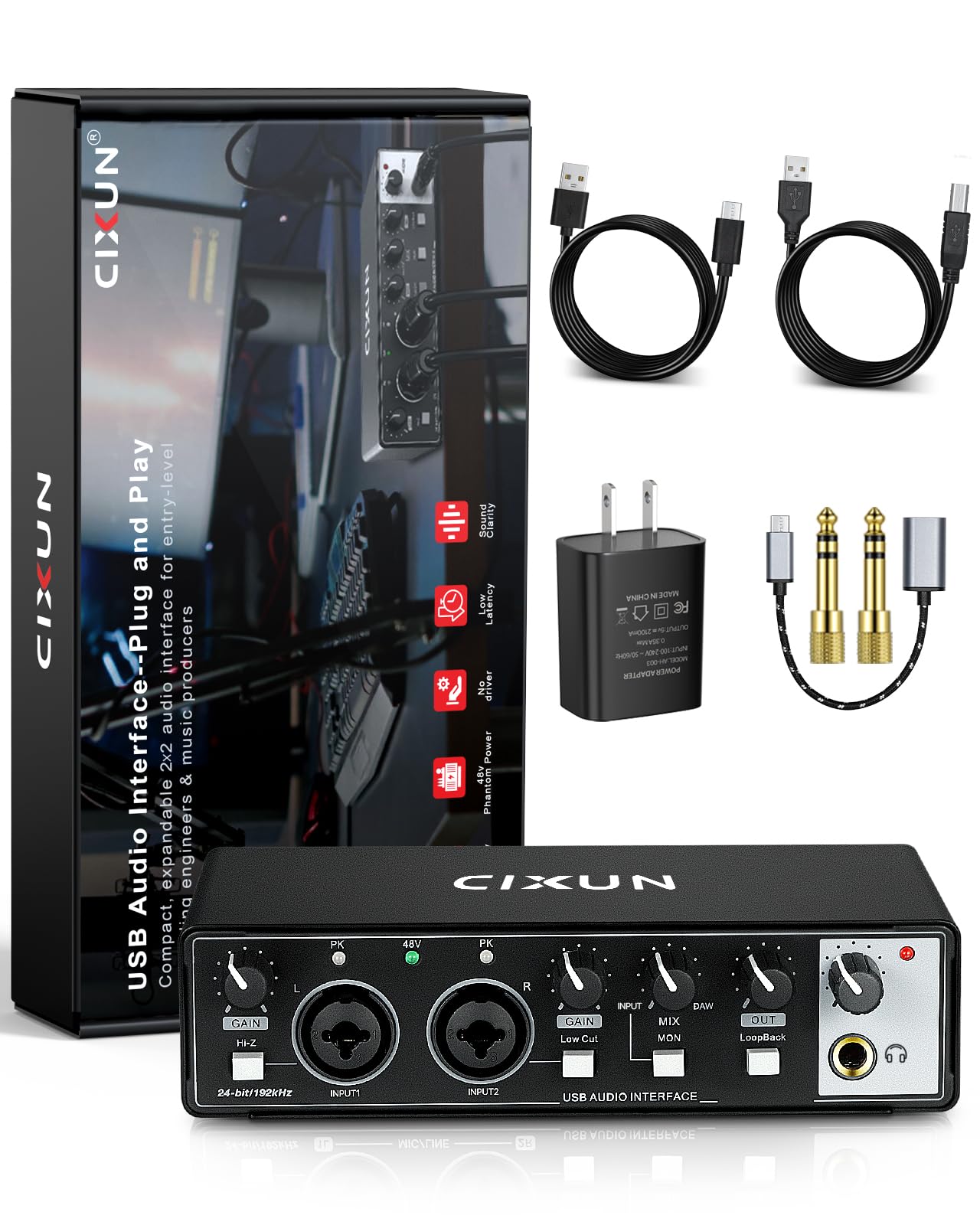 CIXUN 2x2 USB-C Audio Interface for PC/Mac Recording, 24-bit/192kHz, Dual TS/XLR Inputs, +48V Phantom Power, Studio/Podcast/Streaming (Matte Black)
