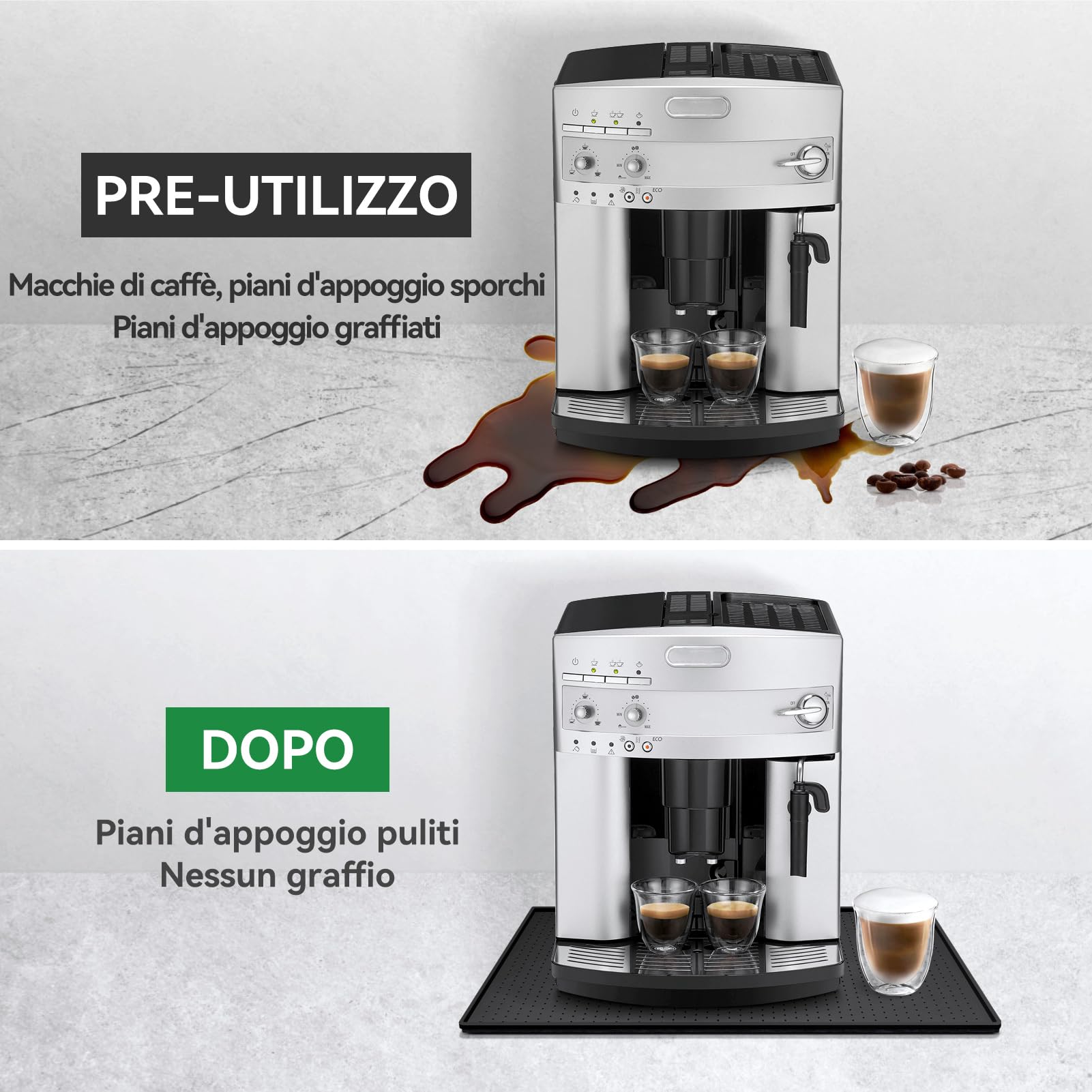Tappetino per Macchina da Caffè, Tappetino in Silicone 48x30cm con Bordo Rialzato, Protezione Piano di Lavoro, Compatibile con De Longhi Magnifica, Philips LatteGo, Siemens EQ6 (Nero)