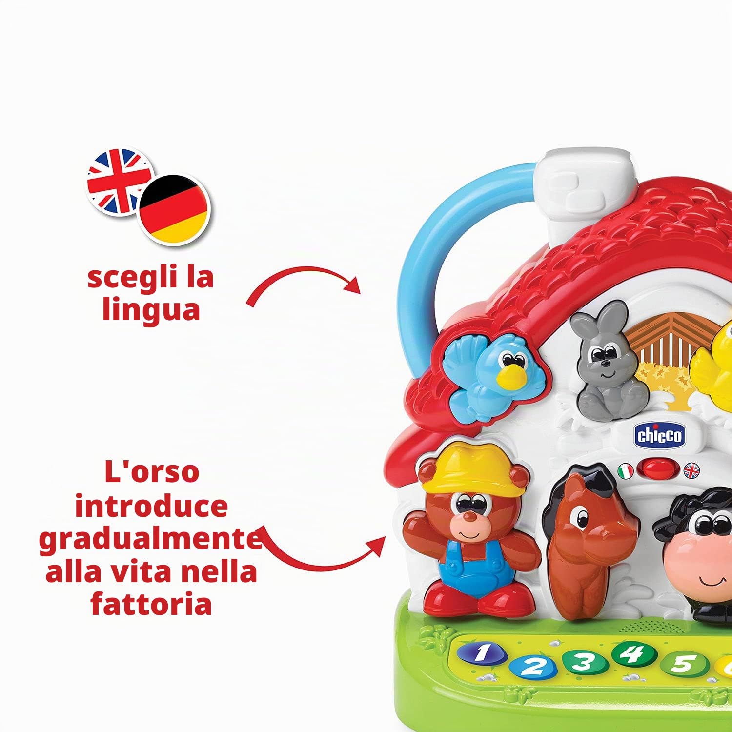Chicco Fattoria parlante Giocattolo Musicale bilinguale Tedesco e Inglese, Giocattolo con Animali, Luce e rumori, 3 possibilità di Gioco, Giocattolo educativo elettronico, per Bambini da 1 a 4 Anni