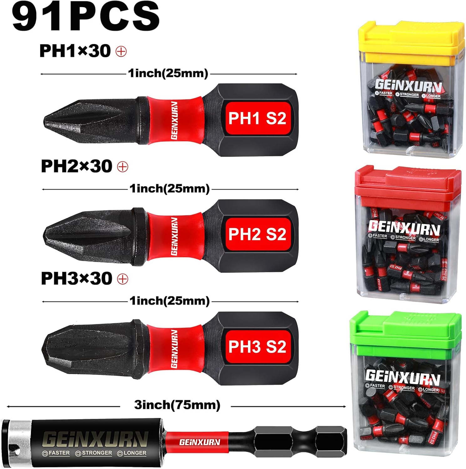 Geinxurn Impact Phillips Screwdriver Bits Set, 90 Pieces 1" Magnetic(PH1/PH2/PH3) S2 Steel Multi Cross Driver Bits and 1 PcsBit Holder with Storage Colorful Box