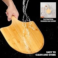 Vista 5 de Juego de cáscaras de pizza de bambú con mango antideslizante, espátula de acero inoxidable y cortador de pizza, juego de espátula multifuncional