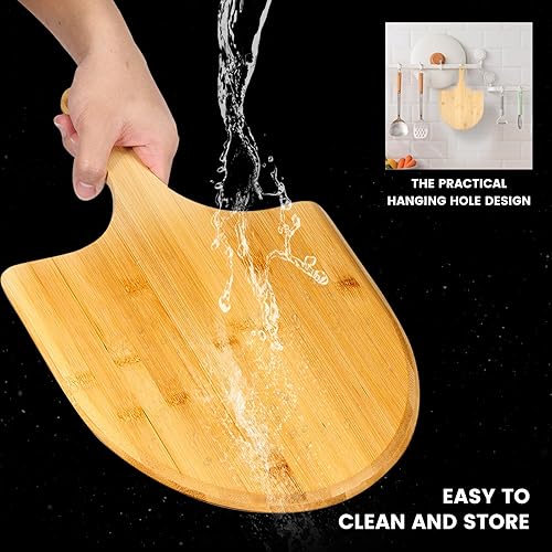 Miniatura 5 de Juego de cáscaras de pizza de bambú con mango antideslizante, espátula de acero inoxidable y cortador de pizza, juego de espátula multifuncional