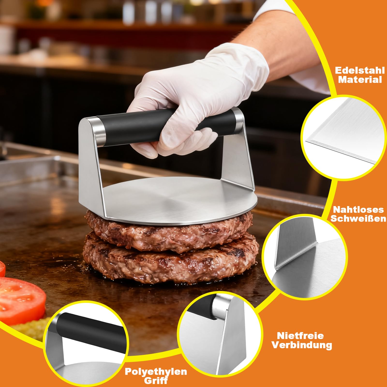Smash zestaw do burgerów ze stali nierdzewnej, 4 zestawy do burgerów, uniwersalny zestaw pras do burgerów, z prasą do burgerów, szpachelką do grilla, łopatką do patelni i dzwonkiem do burgerów, zestaw