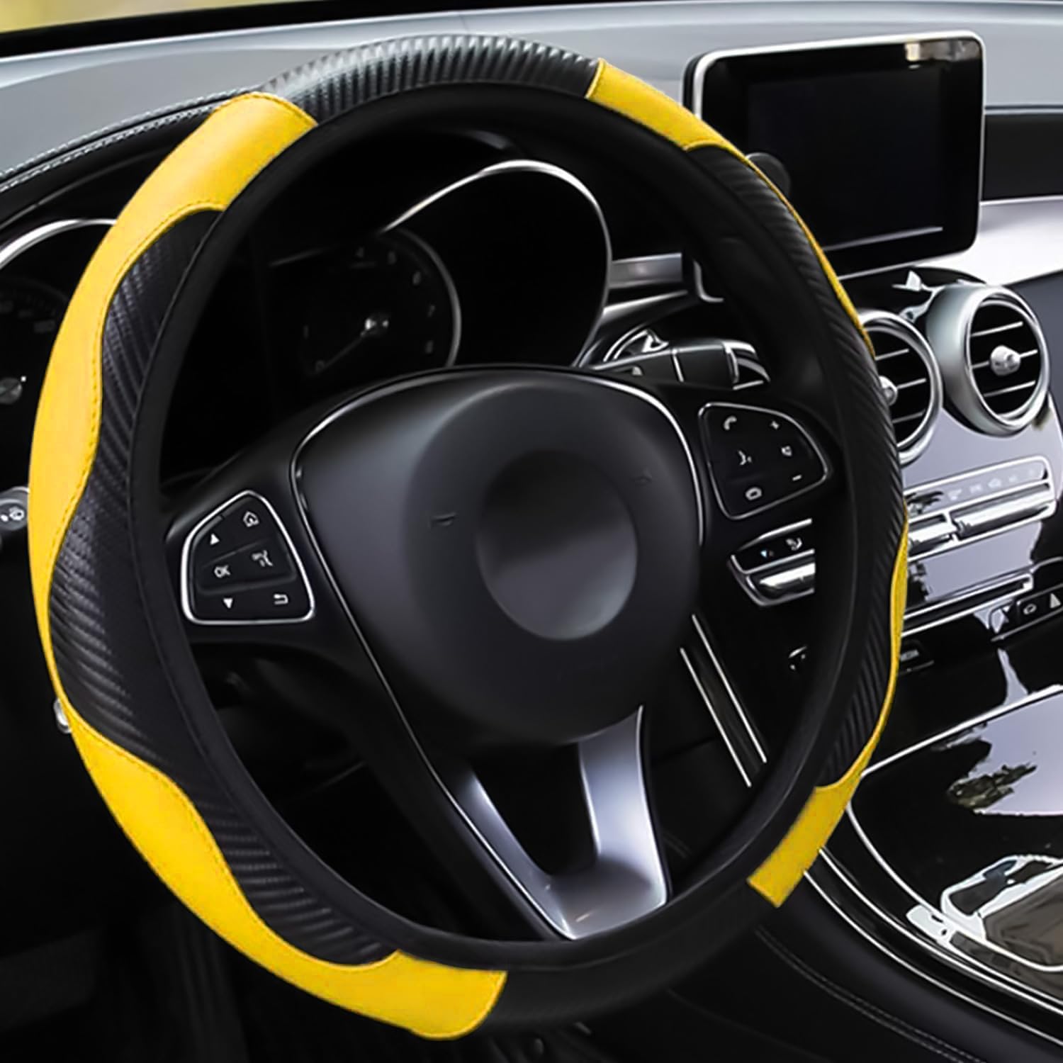 Car Steering Wheel Cover Leather, Anti-slip Breathable Carbon Fiber Sports Elastic Band Without Inner Ring Steering Wheel Cover Universal Size 37-39cm /14.5-15 (Yellow)