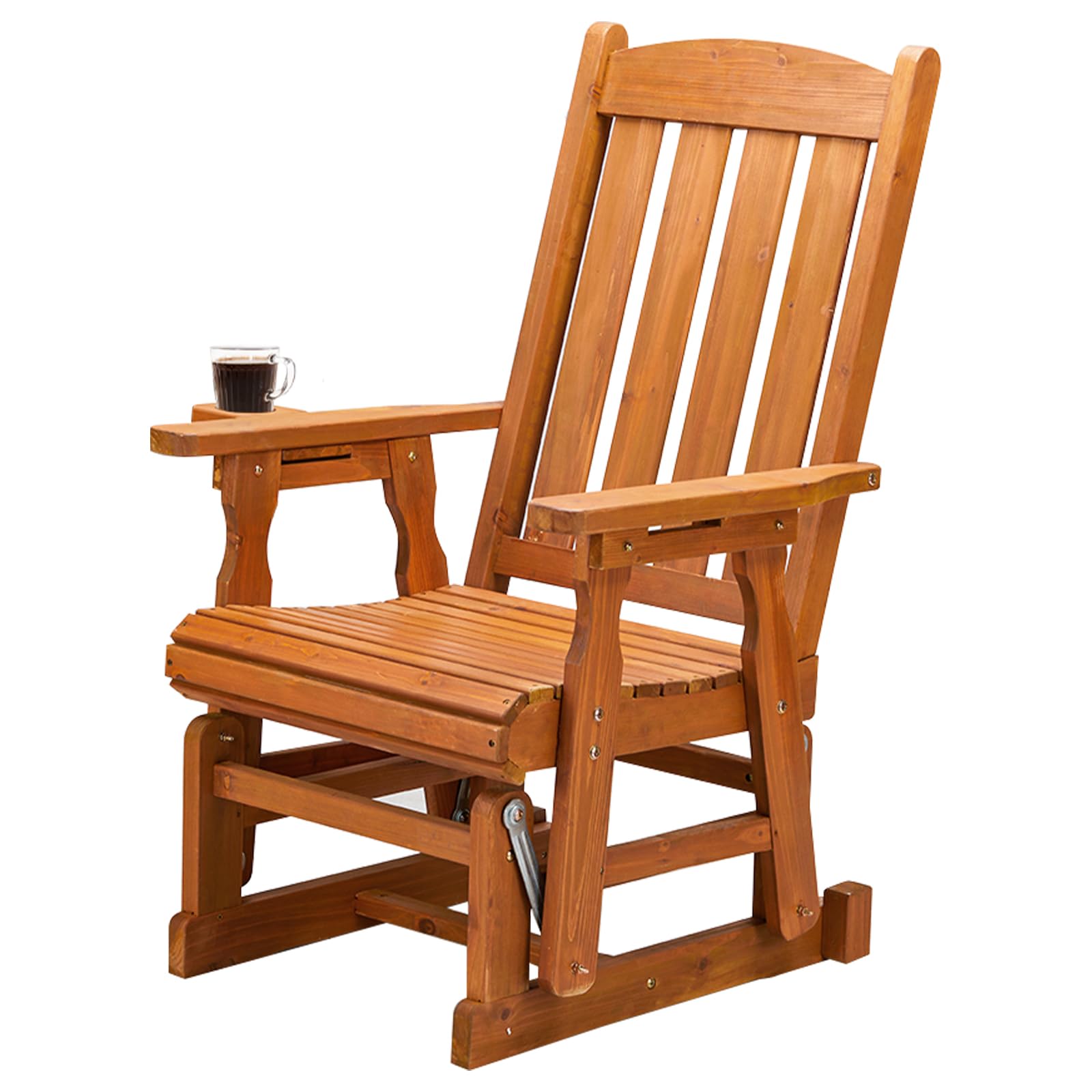 VINGLI Outdoor Glider Chair Wood Patio Glider with Cup Holder, Porch Glider with Smooth Rocking Mechanism, Heavy Duty 600 LBS
