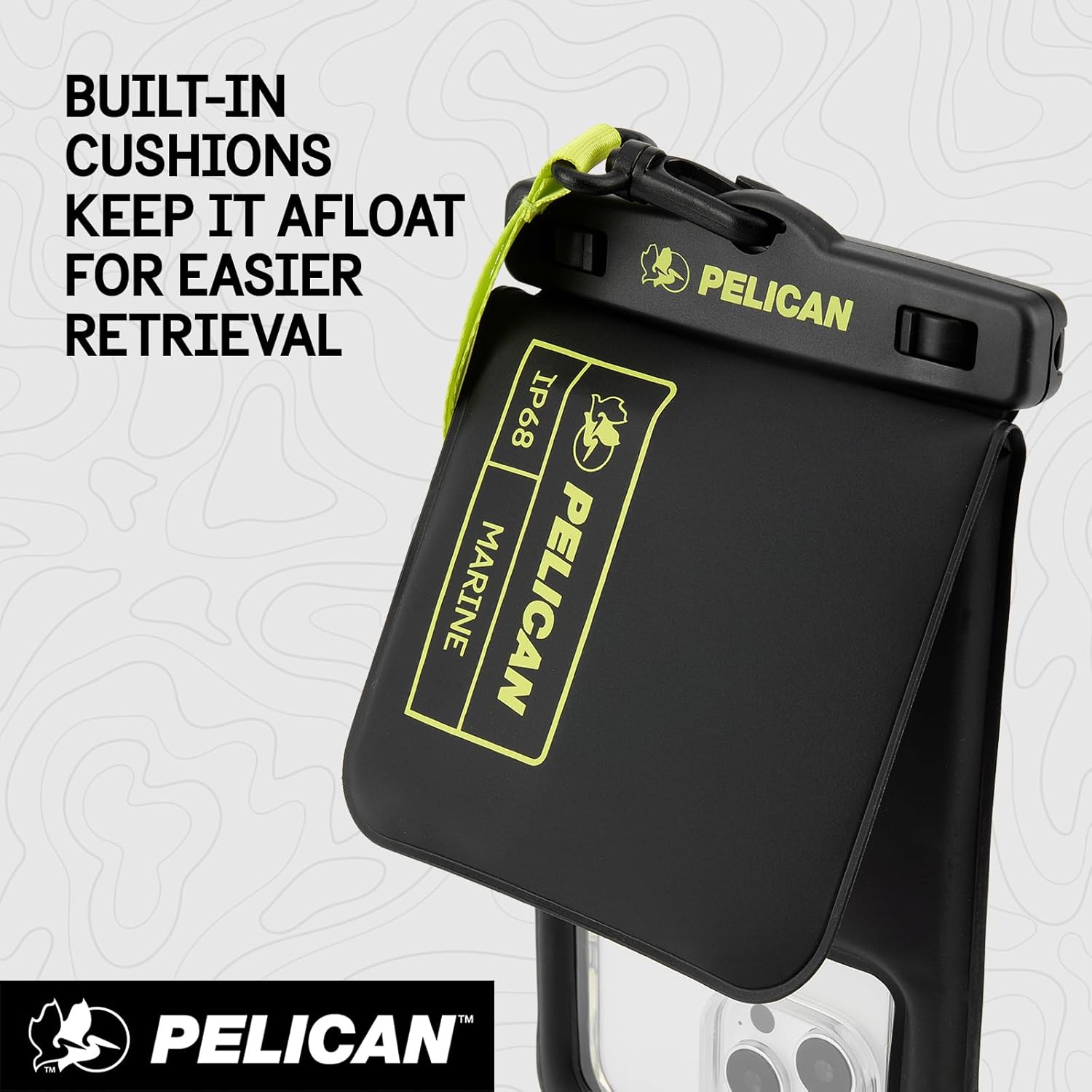 Pelican Marine - IP68 Waterproof Phone Pouch w/Storage Pocket (Large) - Floating Waterproof Phone Case - Beach Cruise Travel Essentials - Fits All Phones - Detachable Lanyard - Black/Hi-Vis Yellow