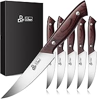 DDF iohEF 6-Piece Non-Serrated Steak Knives Set - 4.5" Japanese Stainless Steel Blades, Ergonomic Pakkawood Handles & Gift Box