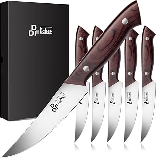 DDF iohEF 6-Piece Non-Serrated Steak Knives Set - 4.5" Japanese Stainless Steel Blades, Ergonomic Pakkawood Handles & Gift Box