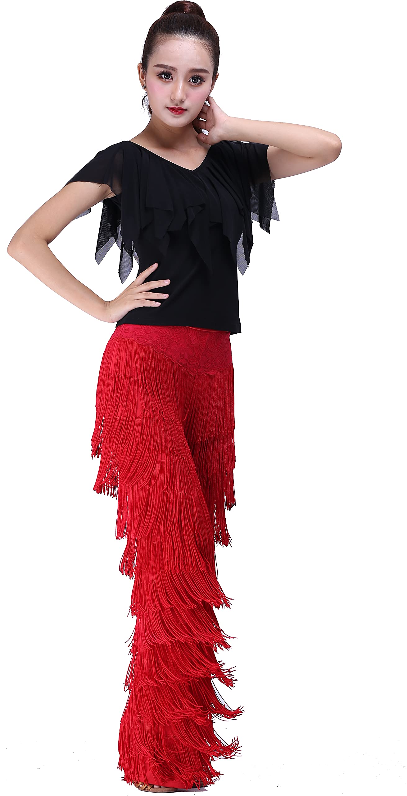 JEZISYMAFringe Tassels Latin Salsa Ballroom Chacha Practice Competition Performance Bell Bottom Dance Pants