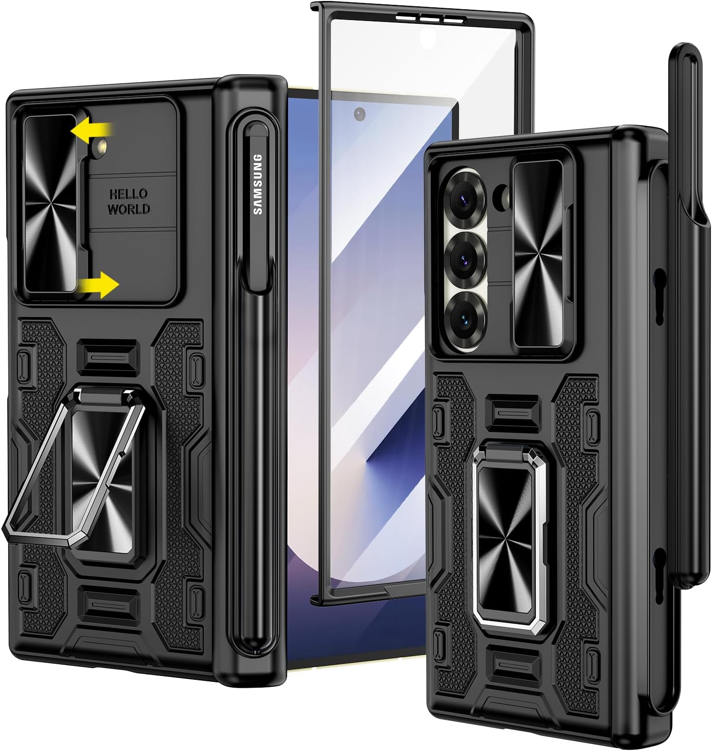 VEGOfor Galaxy Z Fold 6 Case, [Removable S Pen Holder][Hinge Protection][360°Ring Magnetic Kickstand][Slide Camera Cover][Front Screen Protector] Protective Case for Samsung Galaxy Z Fold 6 - Black