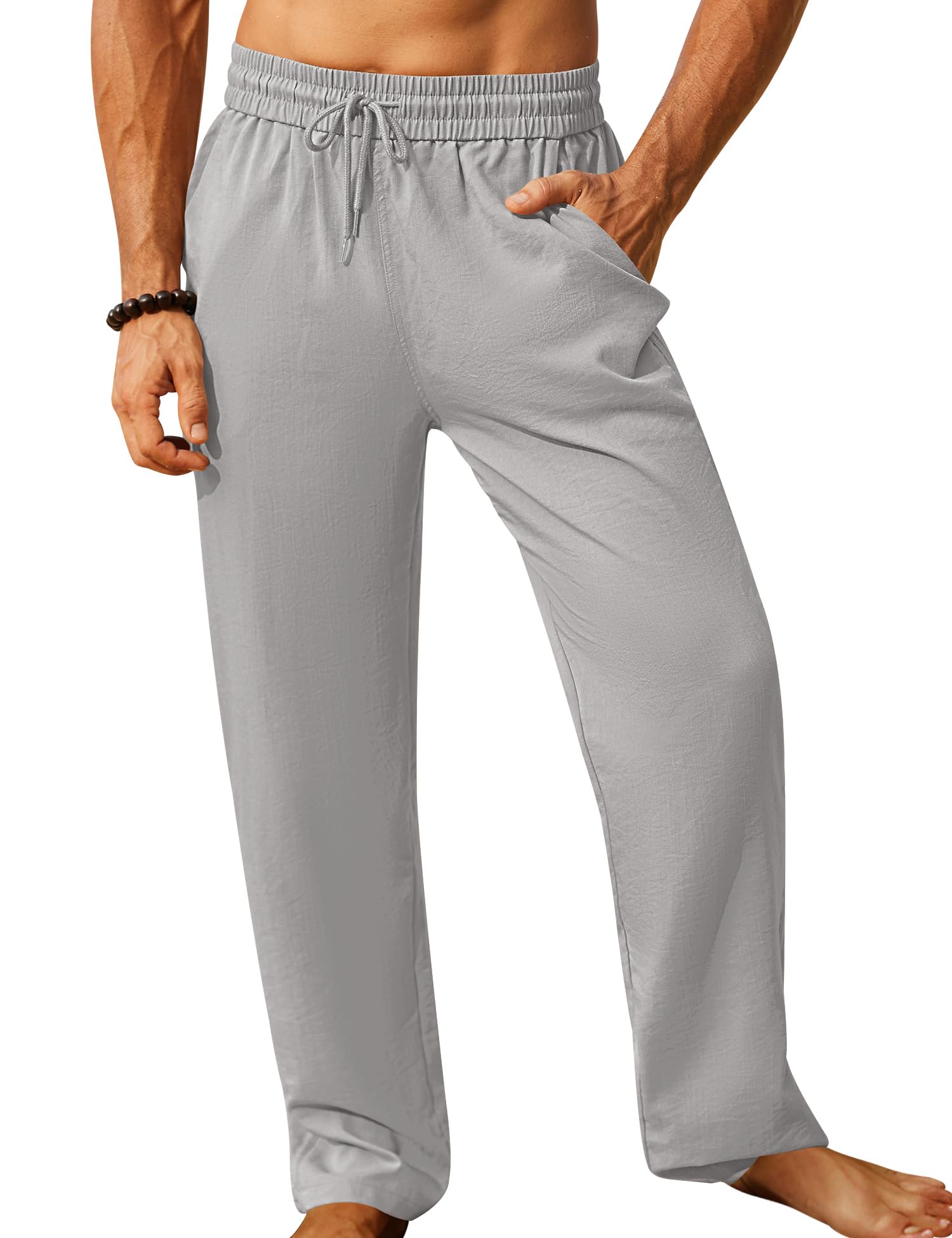iWoo Mens Cotton Linen Drawstring Pants Elastic Waist Casual Jogger Yoga Pants