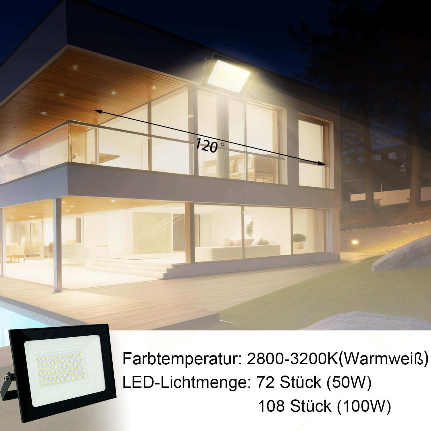 Projecteur LED d'extérieur 50W en Aluminium Super Lumineux Lumières avec prise et 3m câble Étanche IP66 d'inondation pour Jardin, Parking, Garage, Portes, Patio (Blanc Chaud 3000K, 2stk)