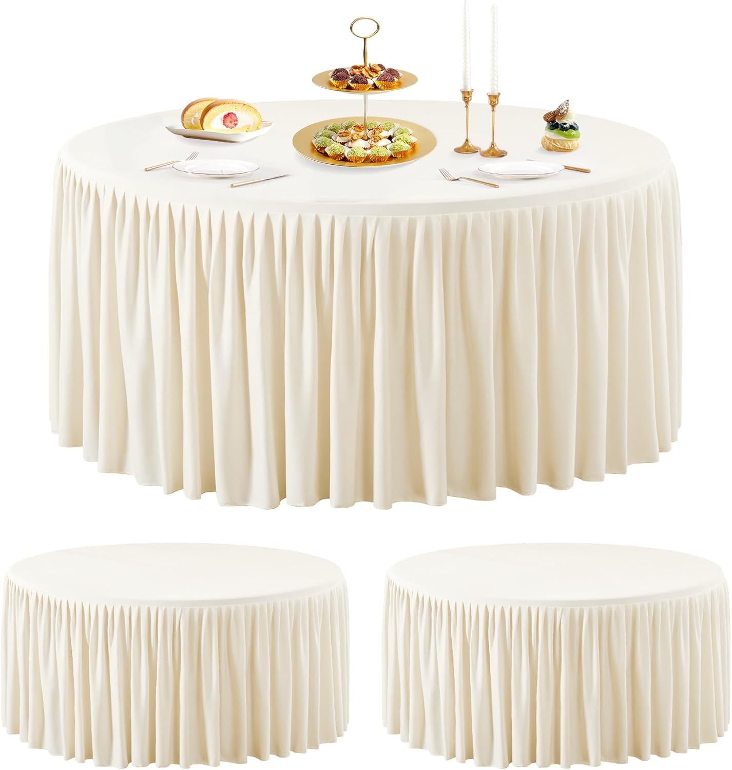 Wish Care 2 Packs 5FT Round Tablecloth 60 Inch, Ivory Stretchy Fitted Table Cloths, Wrinkle Resistant Polyester Table Cover with Pleated Ruffle Skirt for Party, Wedding and Banquet Decoration
