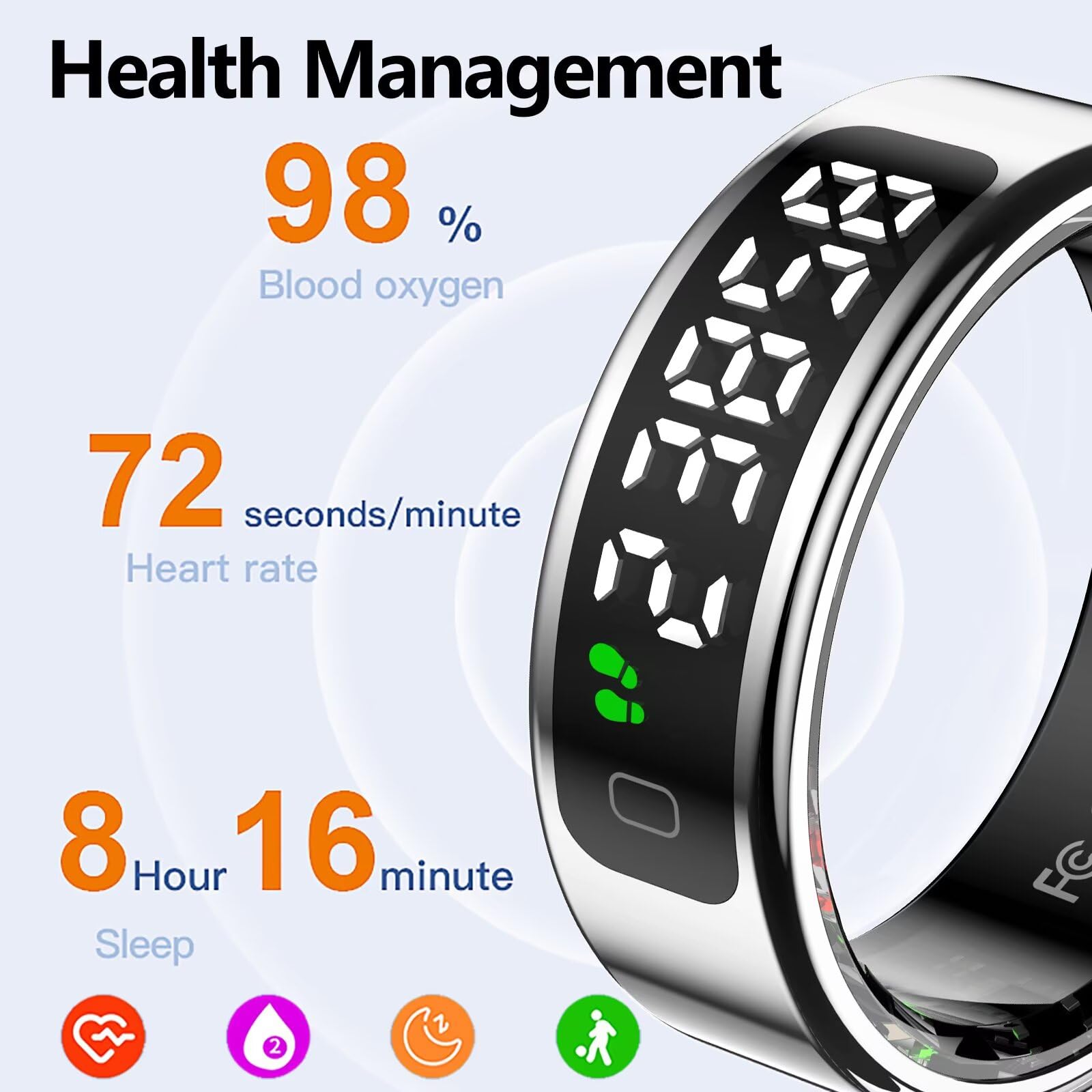findtime Bague intelligente avec écran pour homme et femme IP68 étanche - Tracker Android iOS - Anneau de fitness intelligent SpO2 - Moniteur de fréquence cardiaque - Podomètre - Sport