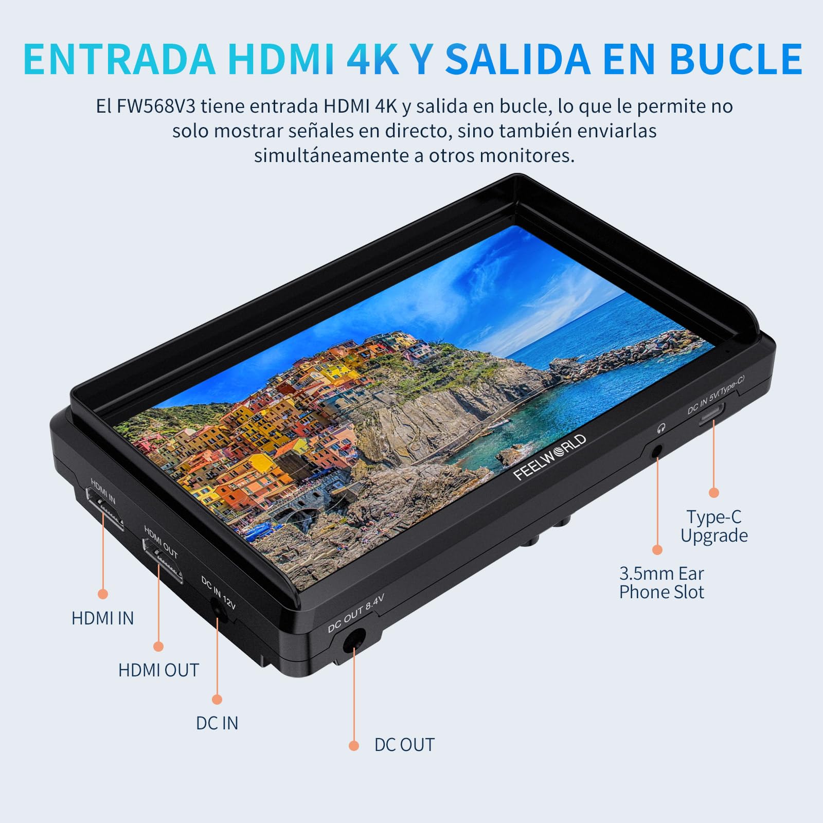 FEELWORLD FW568 V3 Monitor de Campo DSLR de 6 Pulgadas con Batería F550 de 2200 mAh y Estuche de Transporte, LUT de Forma de Onda Video Peaking Focus Assist 1920x1080 IPS 4K Salida de Entrada HDMI