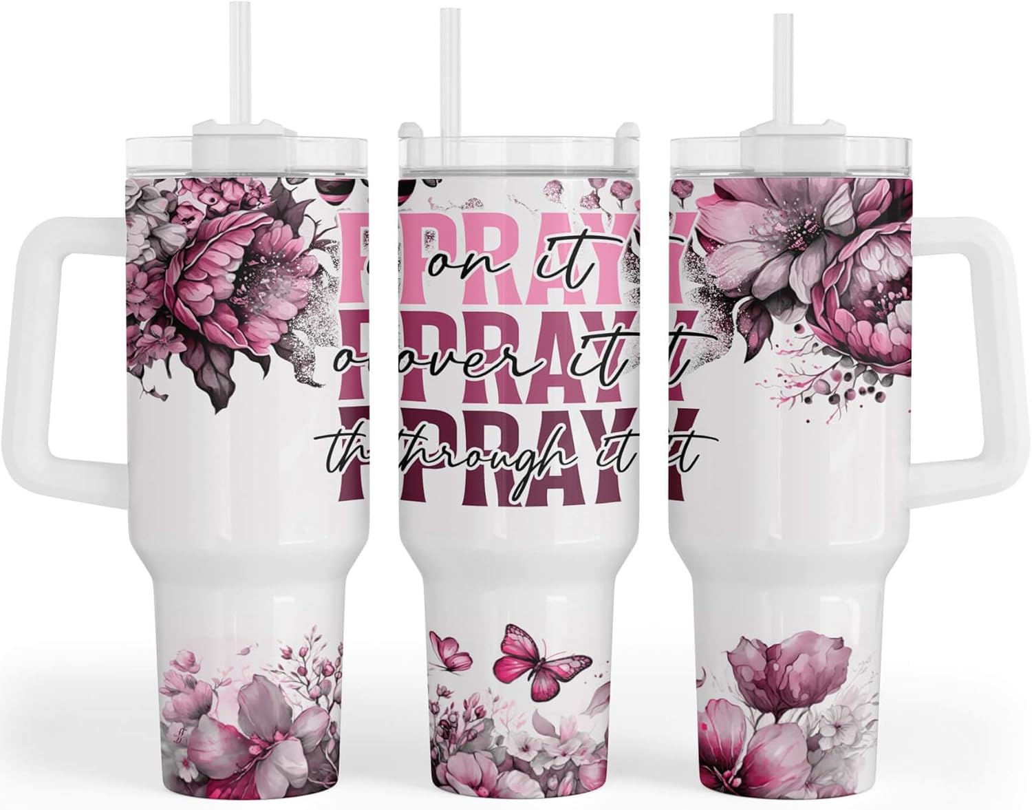 Fancyfams Christian Gifts for Women, 40 oz Stainless Steel Travel Tumbler with Handle Lid Straw, Birthday Gift for Mom, Friend, Religious Inspirational (Pray On It)