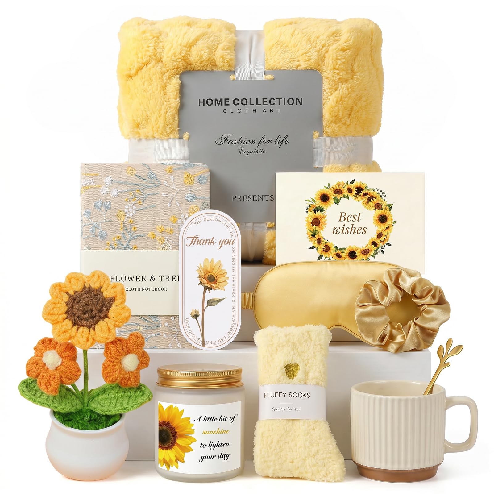 10-Teiliges Sonnenblumen Geschenkset für Frauen | 100x150cm Fleece-Decke, Sichere Keramiktasse, Gegen Zerbrechliche Kerzen, Geburtstagsgeschenk