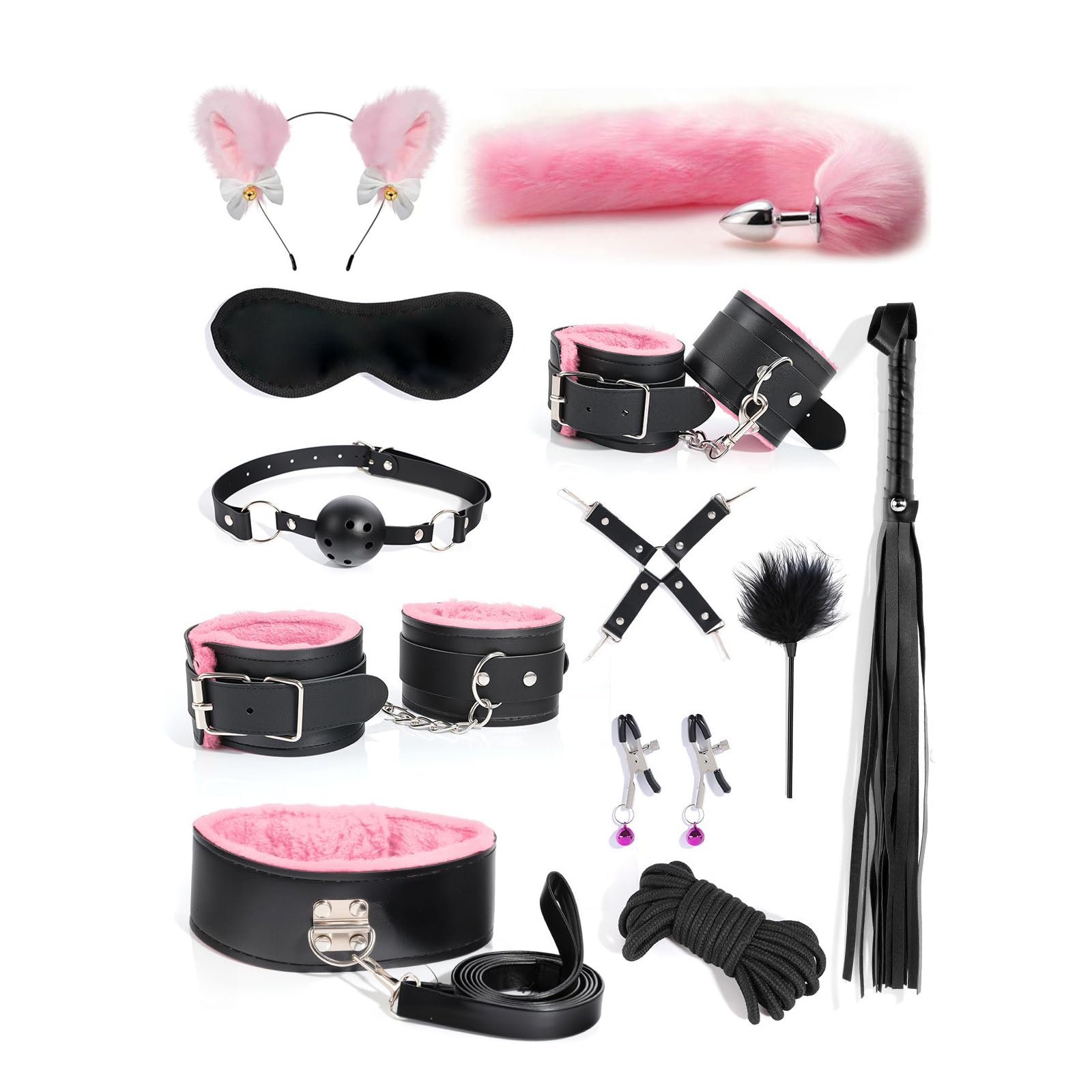 12pcs BDSM Bondage Kit, Restraints Set Sex Toys Anal Plug Tail Adult Bondage Gear & Accessories Esposas Sexuales, Bondage Equipment for Women Men Couple Black&Pink