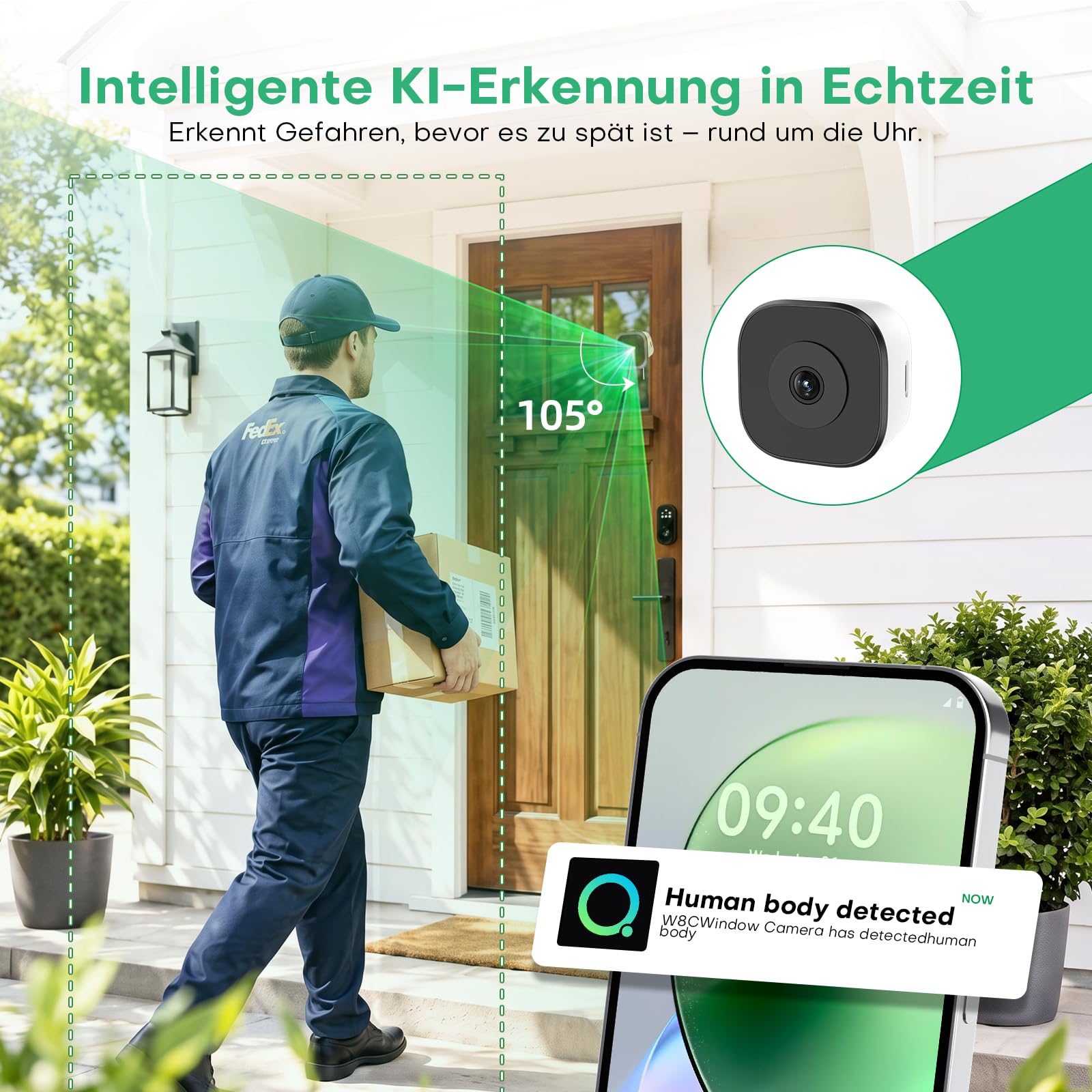 5MP 3K Fensterkamera Innen mit Farb-Nachtsicht, Ohne Bohren, 2,4&5GHz WLAN，Innenkamera, Blendschutz & Antireflex, 24/7 Aufnahme, Bewegungserkennung & App-Steuerung, Personen/Mietwohnungen