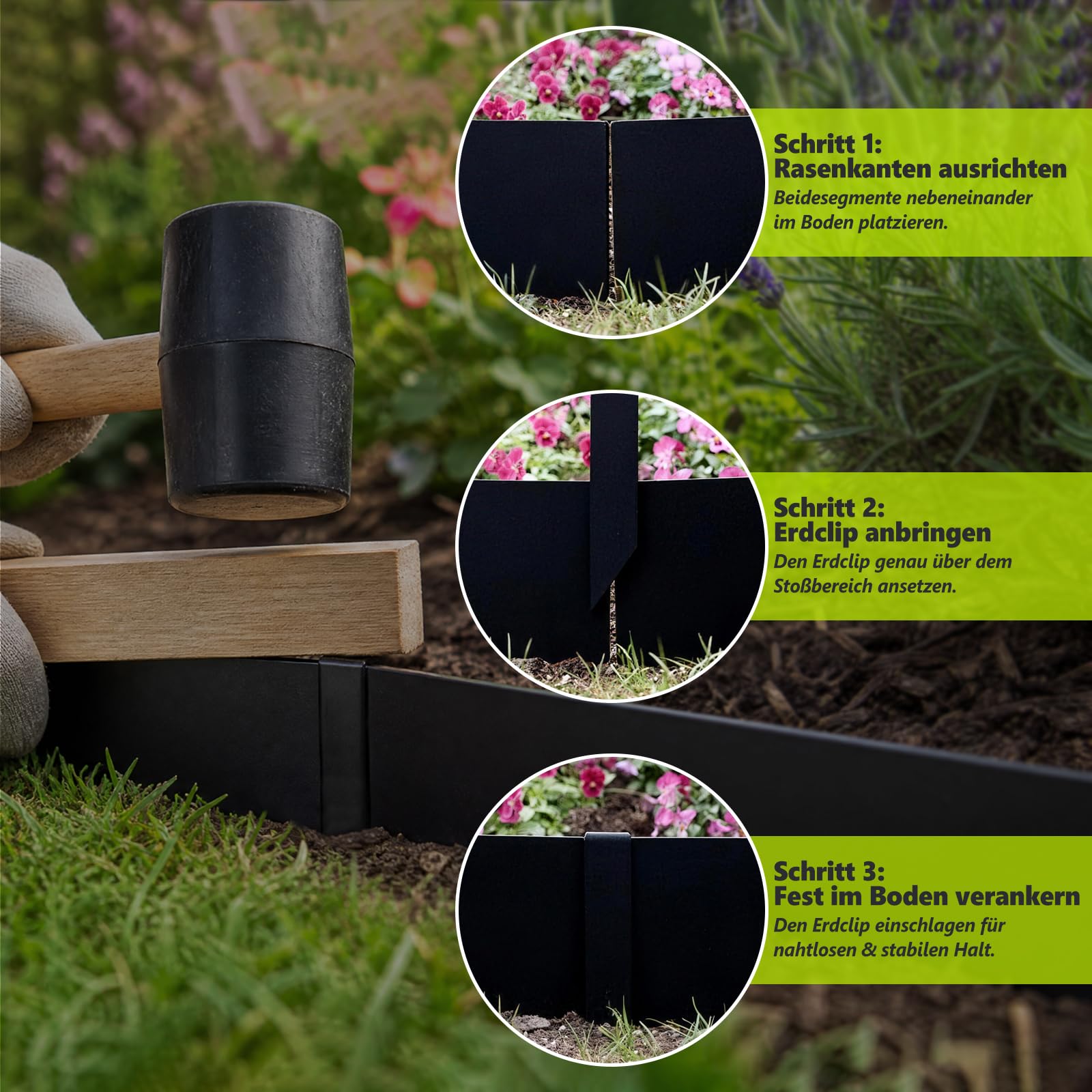 Lot de 6 Bordures de Pelouse Acier Noir 100x15 cm 6m 7 Clips
