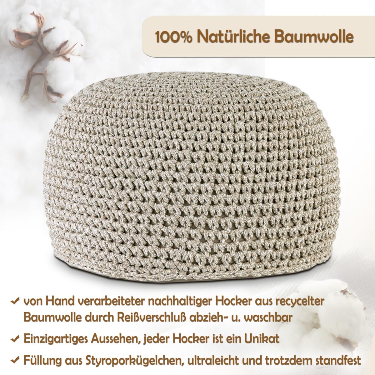 Bodenkissen Pouf Ø55 H37 Mohair Sitzhocker Sitzpouf waschbar nachfüllbar Farbe beige - weiß