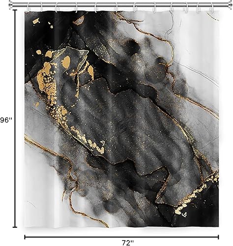 Miniatura 6 de OERJU Cortina de ducha de mármol blanco y negro de 72 x 96 pulgadas, tinta de pintura abstracta, textura de arte líquido, líneas agrietadas doradas,