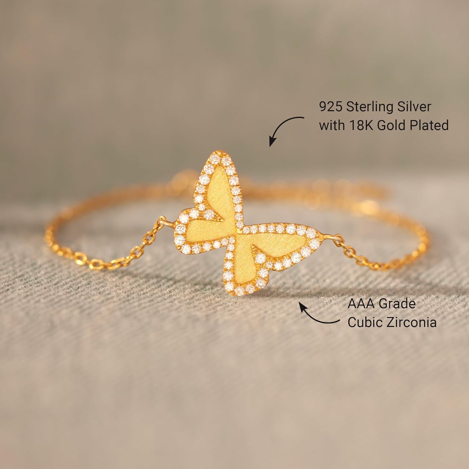 STORYJEWELLERY Gold Plated Butterfly Bracelet, Sterling Silver Bracelets for Women, Dainty Charm Bracelet Adorned with Cubic Zirconia, Butterfly Gifts for Women, Graduation and Birthday Gifts for Her - Image 5