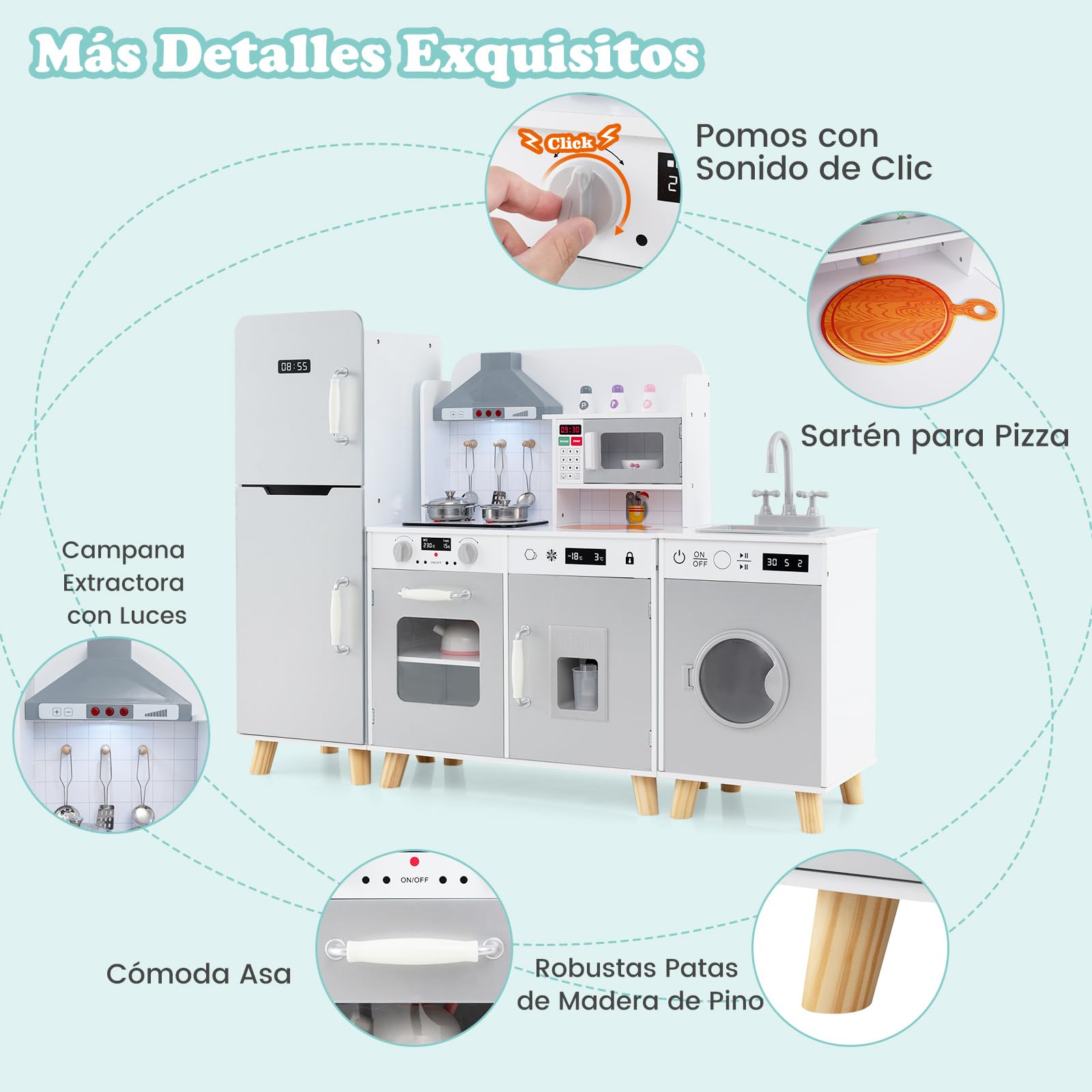 COSTWAY Cocina Juguete Infantil, Cocinita de Madera Infantil 3 en 1 con Refrigerador, Lavadora, Máquina de Hielo, Estufa, Fregadero, Horno, Microondas, Cocina Juguete con Luces y Sonidos (Gris)