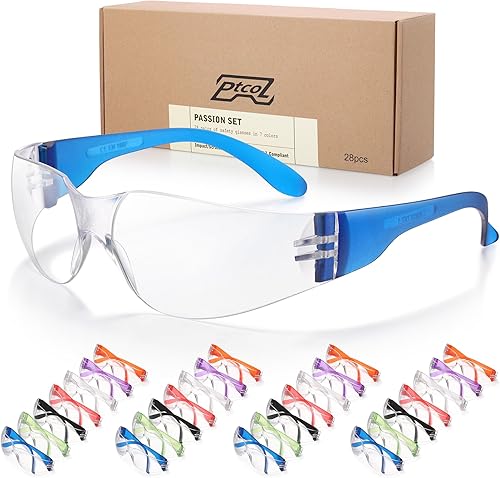 Paquete de 28 lentes de seguridad en 7 colores (paquete a granel de 24 + 4), gafas protectoras unisex transparentes antiarañazos, resistentes a los