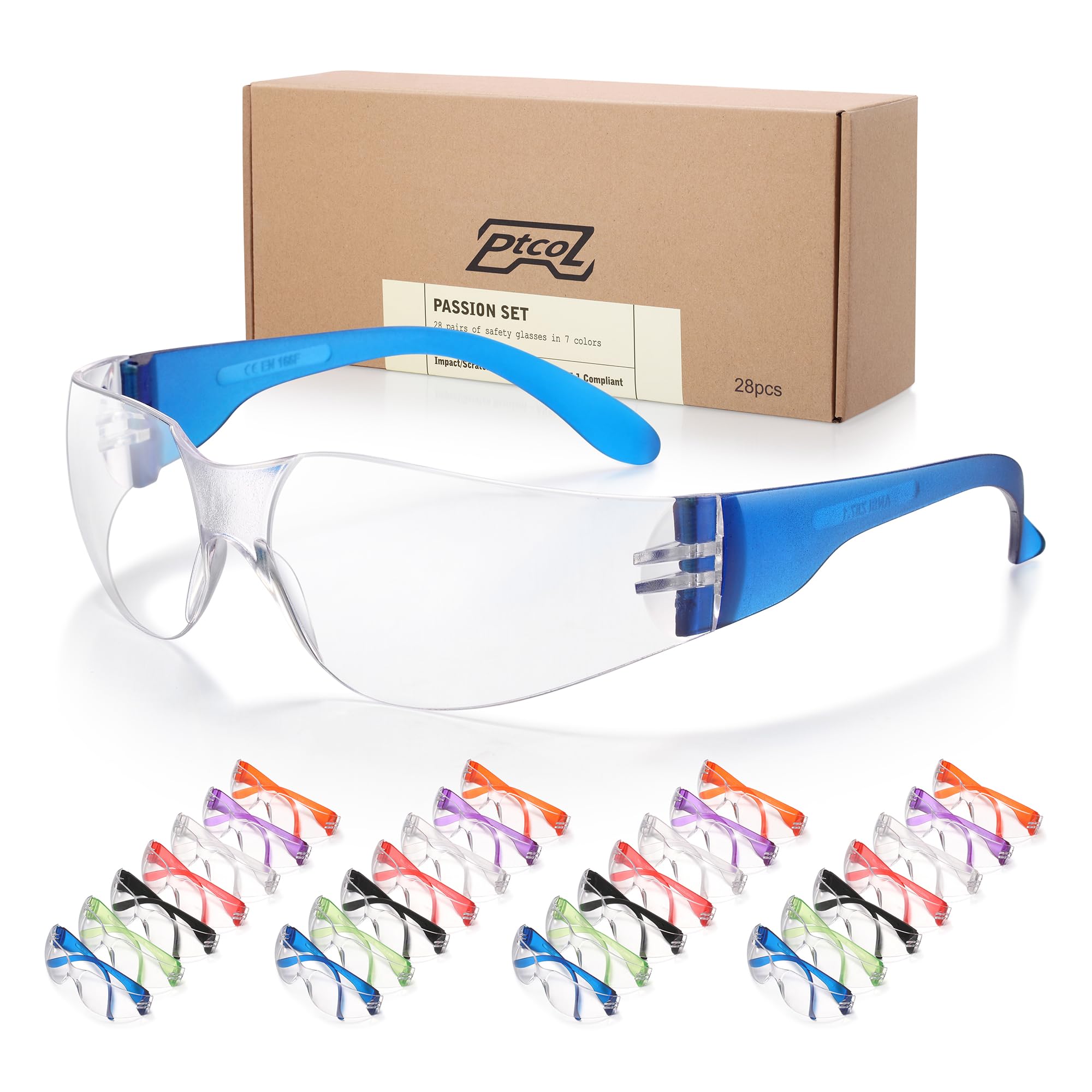 28 Pack Safety Glasses in 7 Colors (Bulk Pack of 24+4) Unisex Clear Anti-Scratch Protective Goggles Impact Resistant Lens Eyewear with ANSI Z87.1