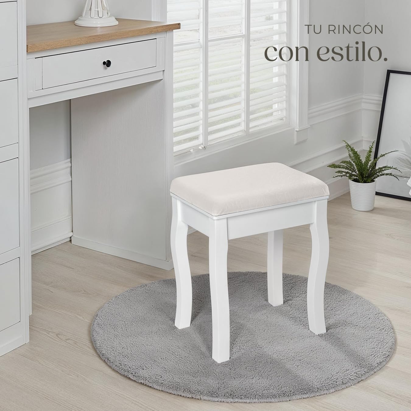 tectake® Taburete Tocador Maquillaje, Banqueta Dormitorio con Asiento Acolchado, Silla Tocador Maquillaje con Patas de Madera, Ideal para Piano y Vestidor Moderno - Blanco