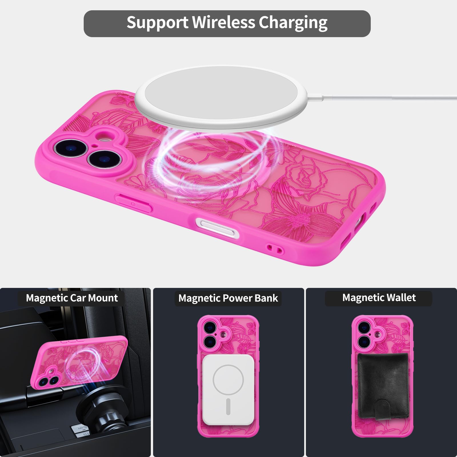 XIZYO Custodia per iPhone 16 Plus, motivo floreale con rosa, custodia