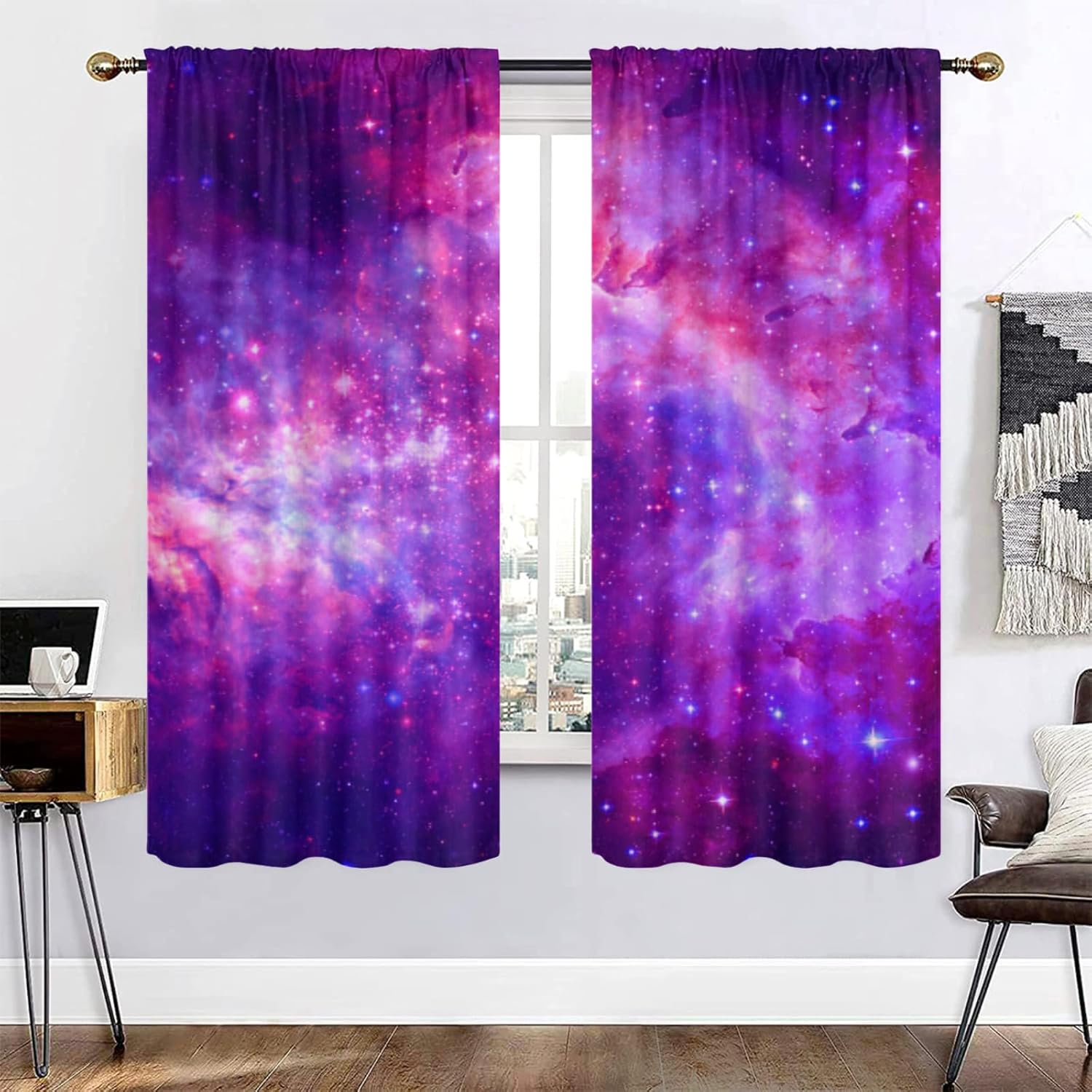 Starry Sky Night Curtains, Purple Universe Galaxy Nebula Ocean Blackout Rod Pocket Curtain for Home Decor Thermal Insulated Drapes Set Darkening Window Curtain for Bedroom Livingroom, 42x63 Inch