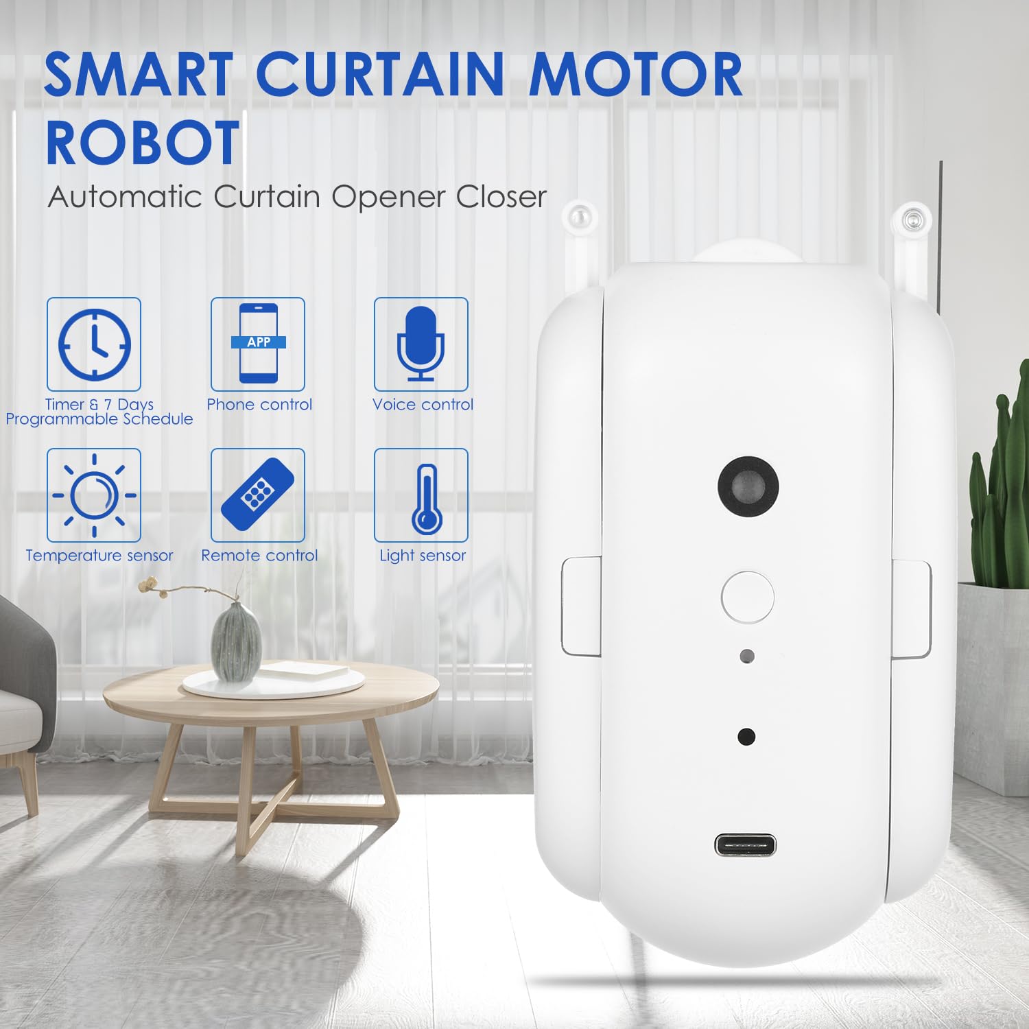 Smart Home Vorhangroboter Automatischer Gardinenöffner mit Sprachsteuerung und Temperatur-Licht-Sensor U-Schienen-Typ 1 Stück