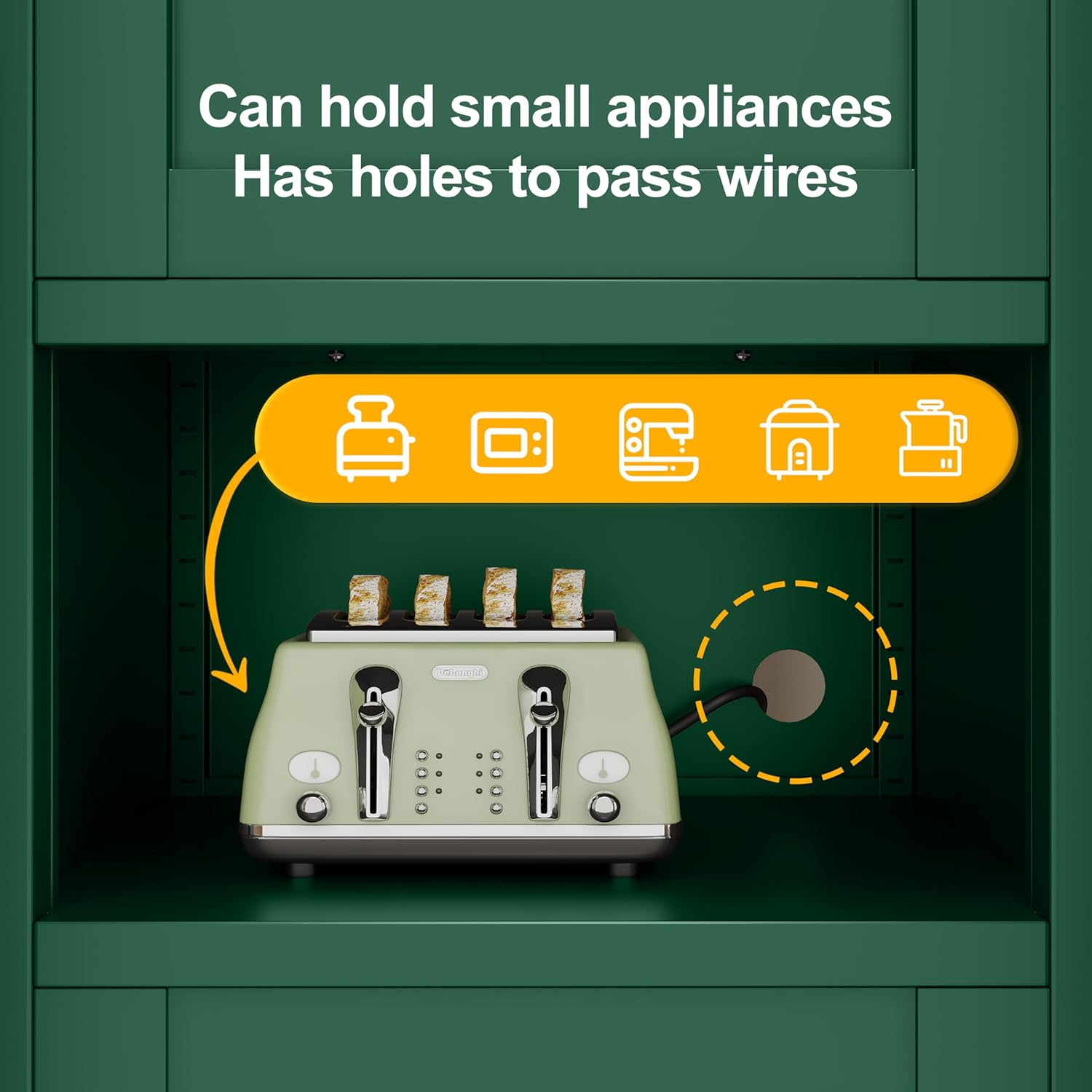 A green toaster placed in the open middle section of the Ckzbx Tall Narrow Storage Cabinet, with a wire passing through a designated hole, illustrating appliance accommodation.