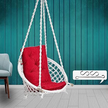 Patiofy Made in India with Free Accessories Hammock-Hanging Swing Cotton for Comfort Indoor and Outdoor/Swing for Kids, Adults, Home, with Large Cushion (Large Size, 120 Kg Capacity, Natural White)