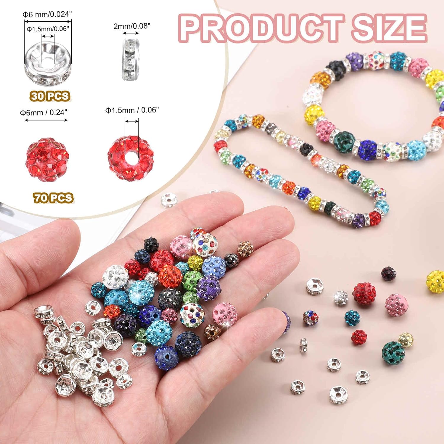 MECCANIXITY 100 Pcs 6mm Rhinestone & Spacer Beads for Jewelry Making, Sparkle Disco Ball Design Crystal Clay Assorted Gems Bulk for Pens Bracelet Necklace Earring DIY Crafting, Red - Image 2