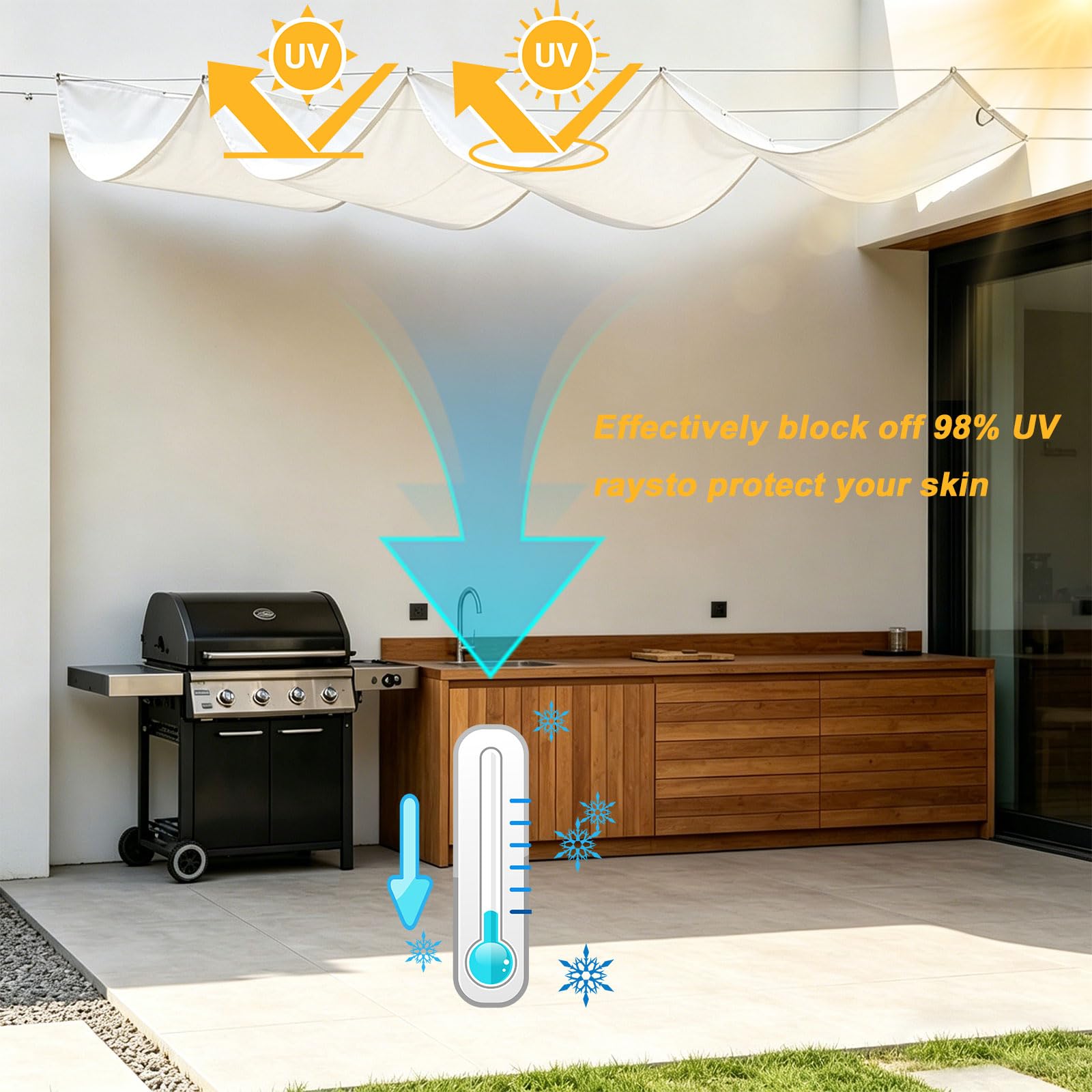 Ausziehbares Wellen-Sonnensegel 130 x 700 cm Wasserdicht UV Schutz Rechteckig Verstellbar Schattenabdeckung Welle mit Ösen Und Seil Nach Maß für Garten Terrasse Balkon, Weiß