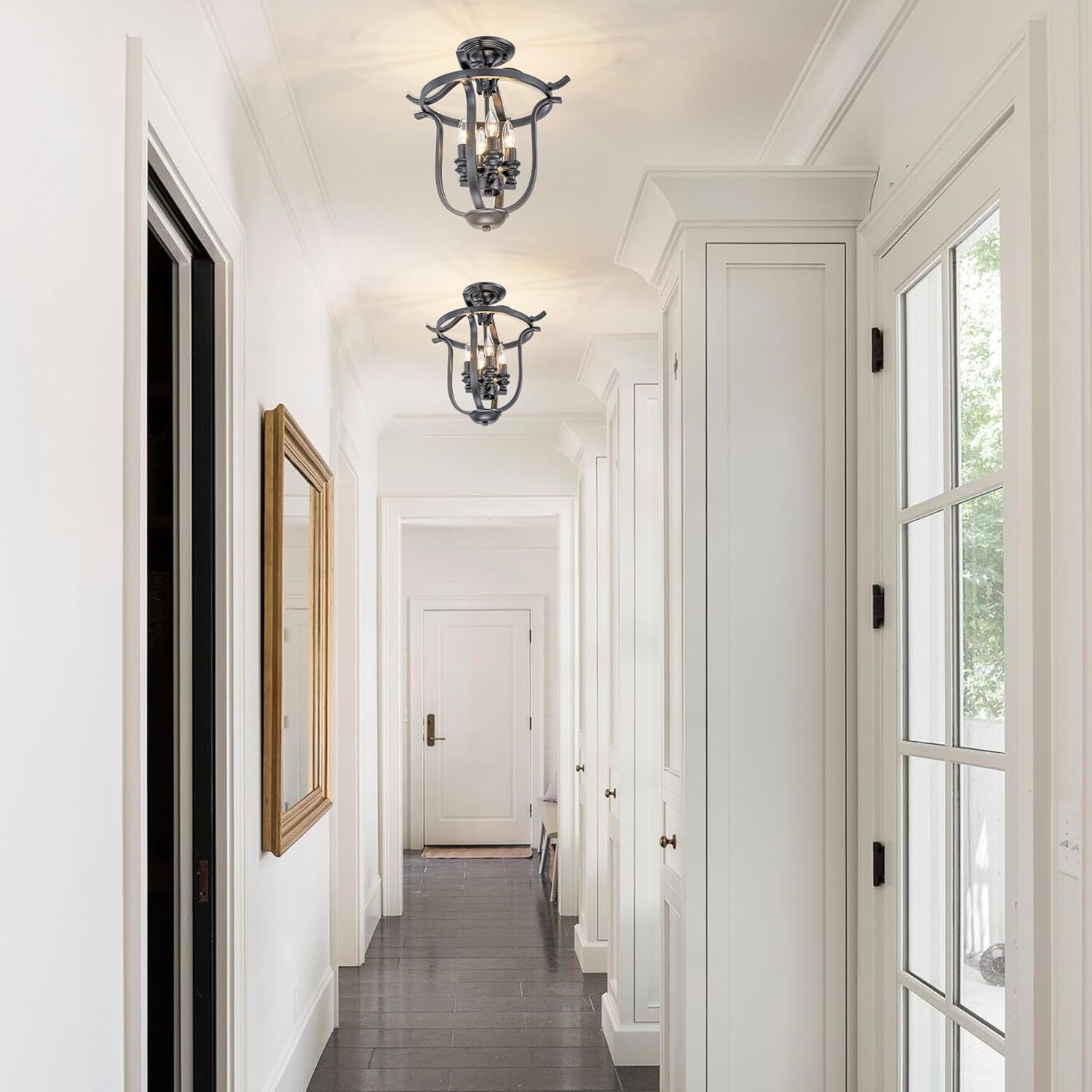 Farmhouse Ceiling Light Fixtures, Rustic Hallway Light Fixtures Ceiling, Black Light Fixtures Ceiling Mount, 4-Light Ceiling Chandelier Light Fixture for Foyer Entryway Kitchen Island Bedroom