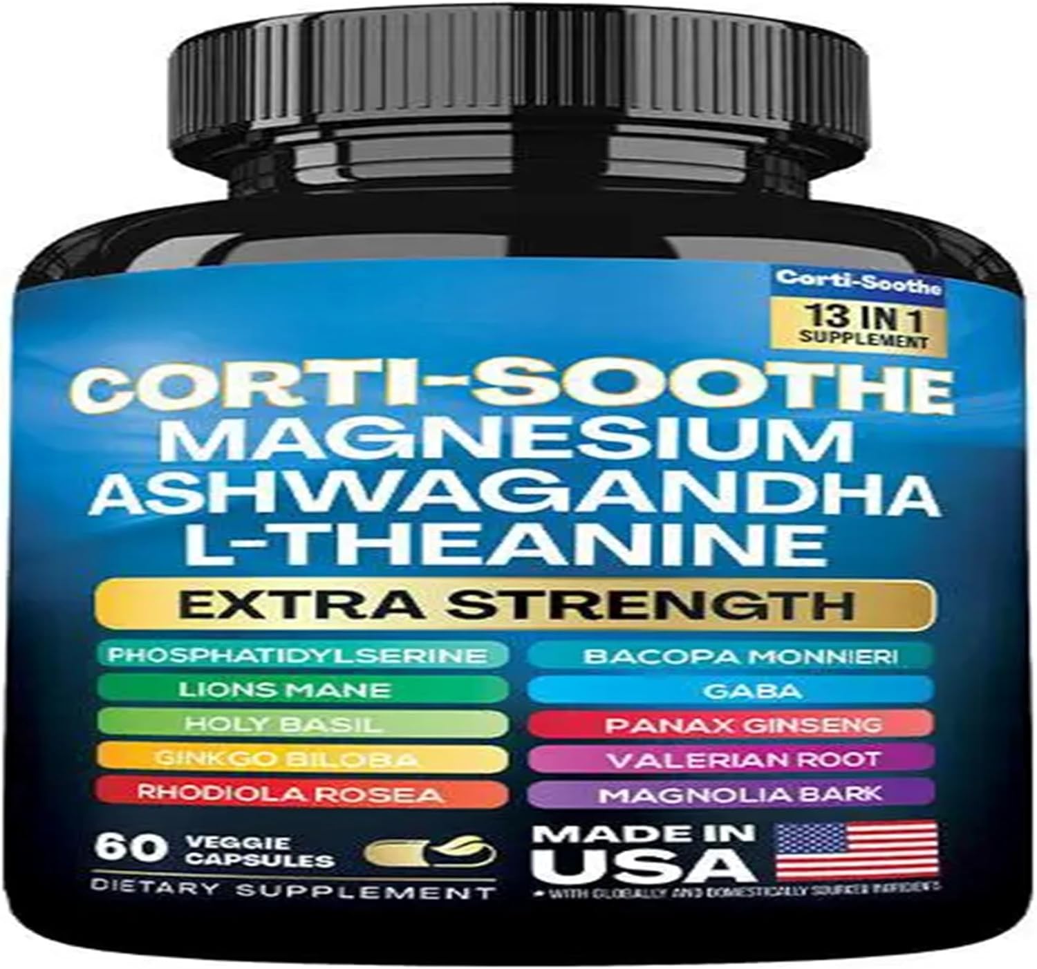 Zoyava Corti-Soothe Cortisol Supplement Magnesium Glycinate 200mg L-Theanine 150mg Ashwagandha 150mg Phosphatidylserine Cortisol Manager Lions Mane Ginkgo Biloba Bacopa Monnieri Valerian Root 60 Caps